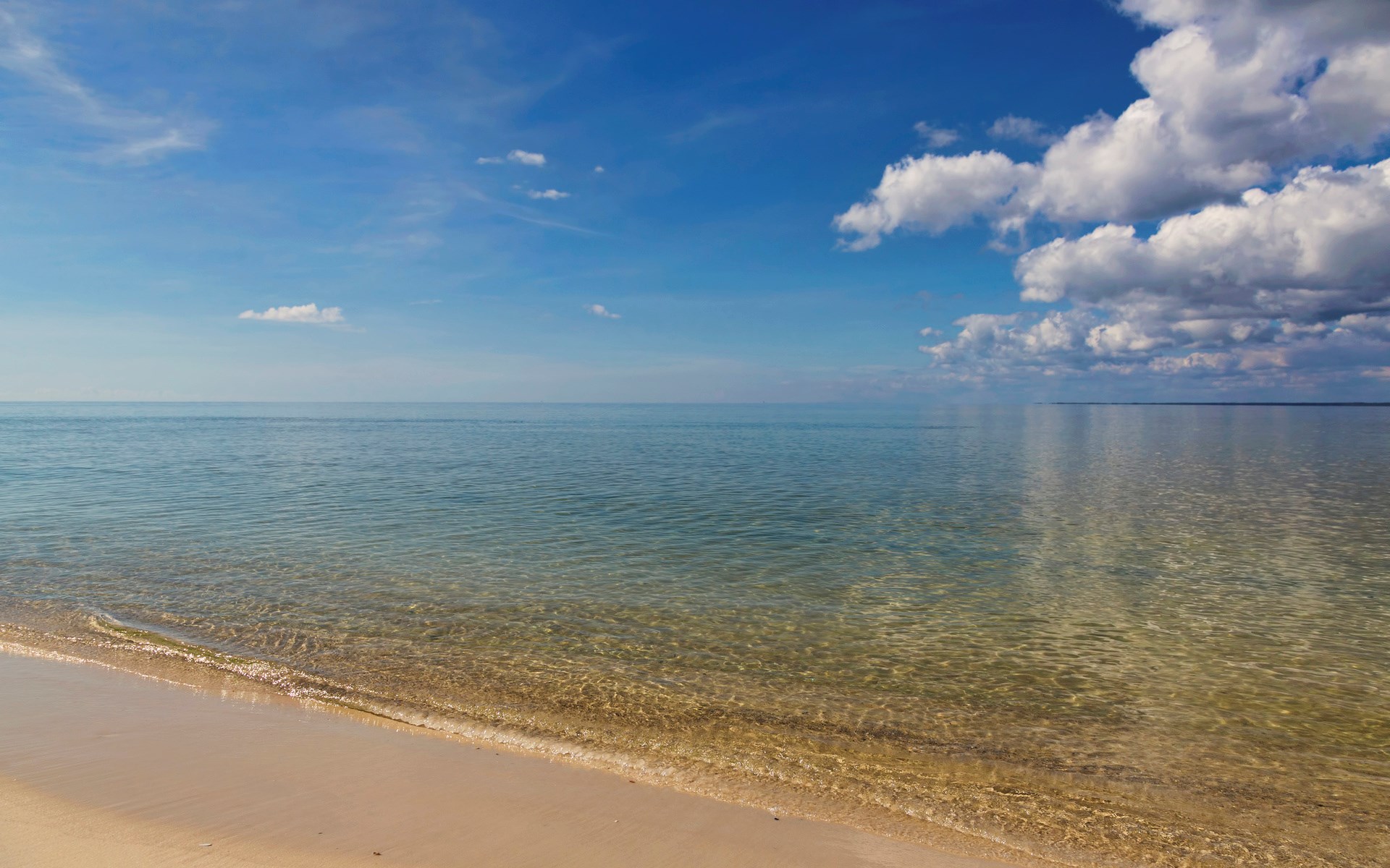 Sandy beach and calm ocean under a blue sky HD Wallpaper