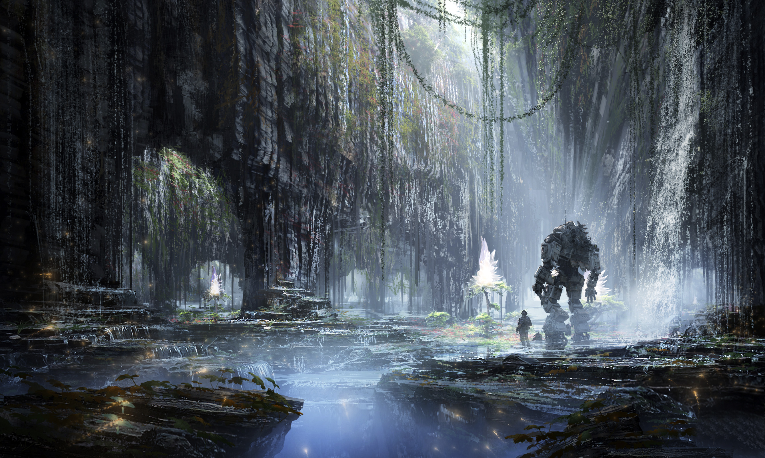 Titanfall robot and person in a cave with waterfalls HD Wallpaper
