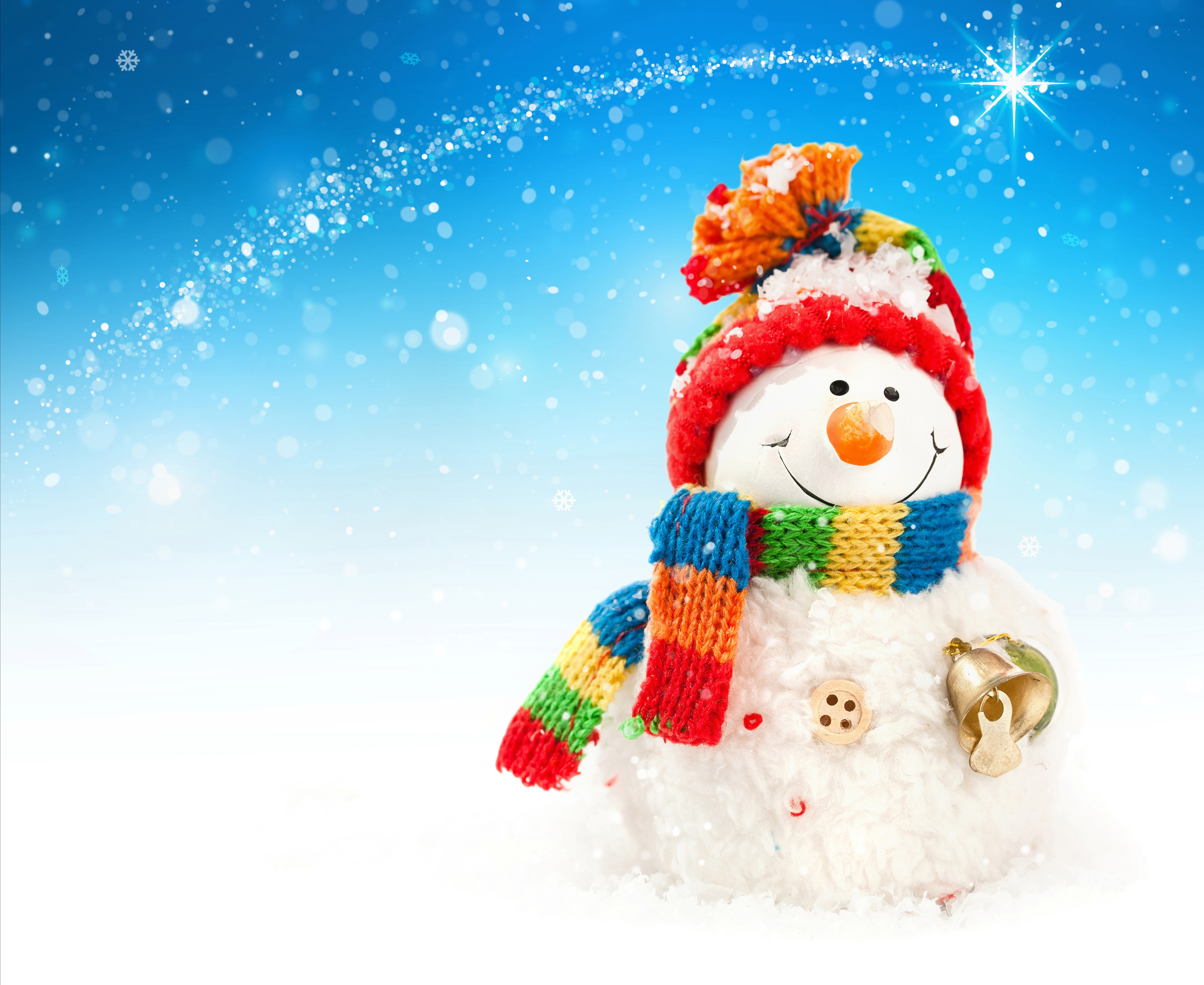 Snowman with Crochet Hat and Scarf with Bells HD Wallpaper