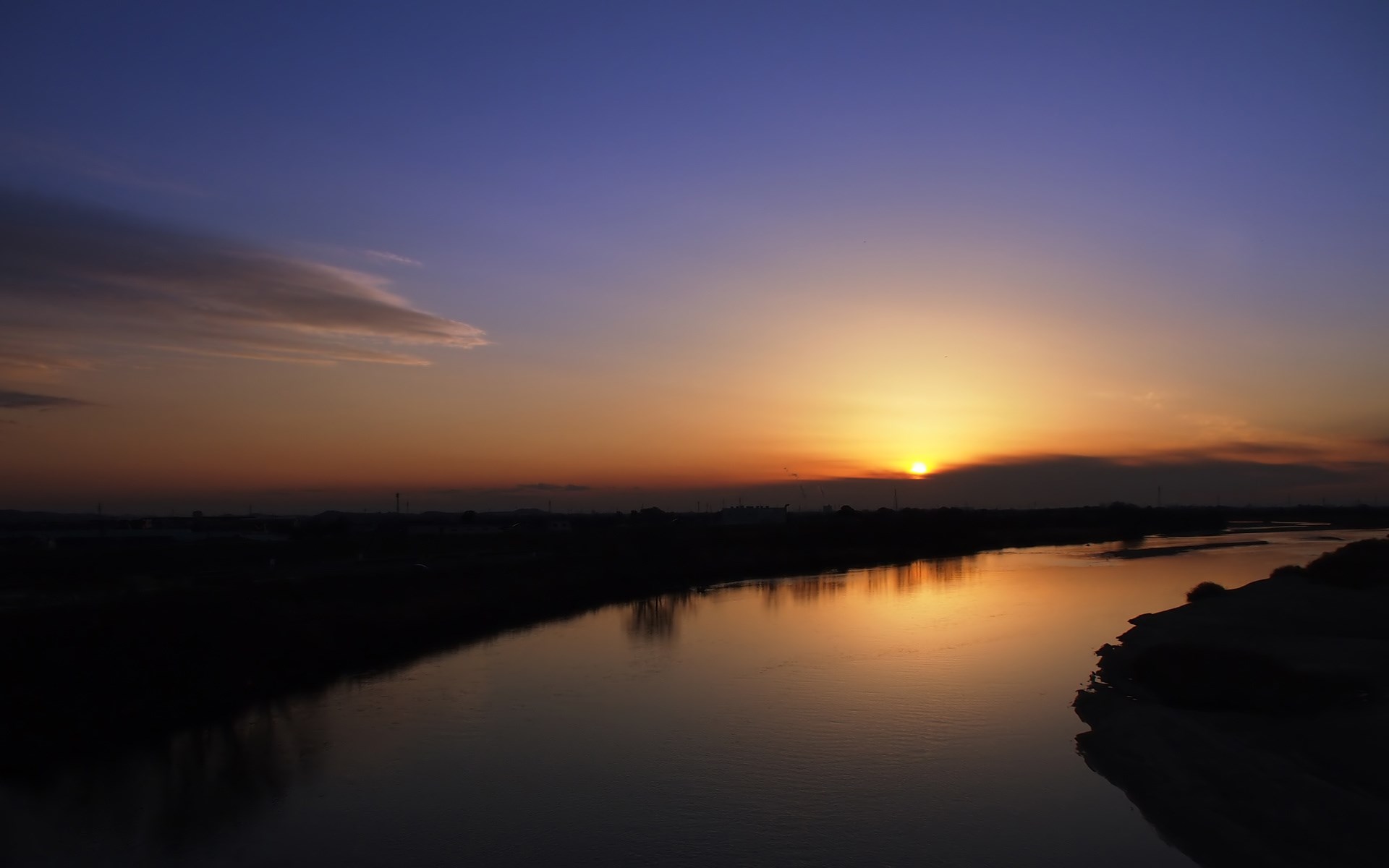 Sunset over a river with silhouetted landscape HD Wallpaper