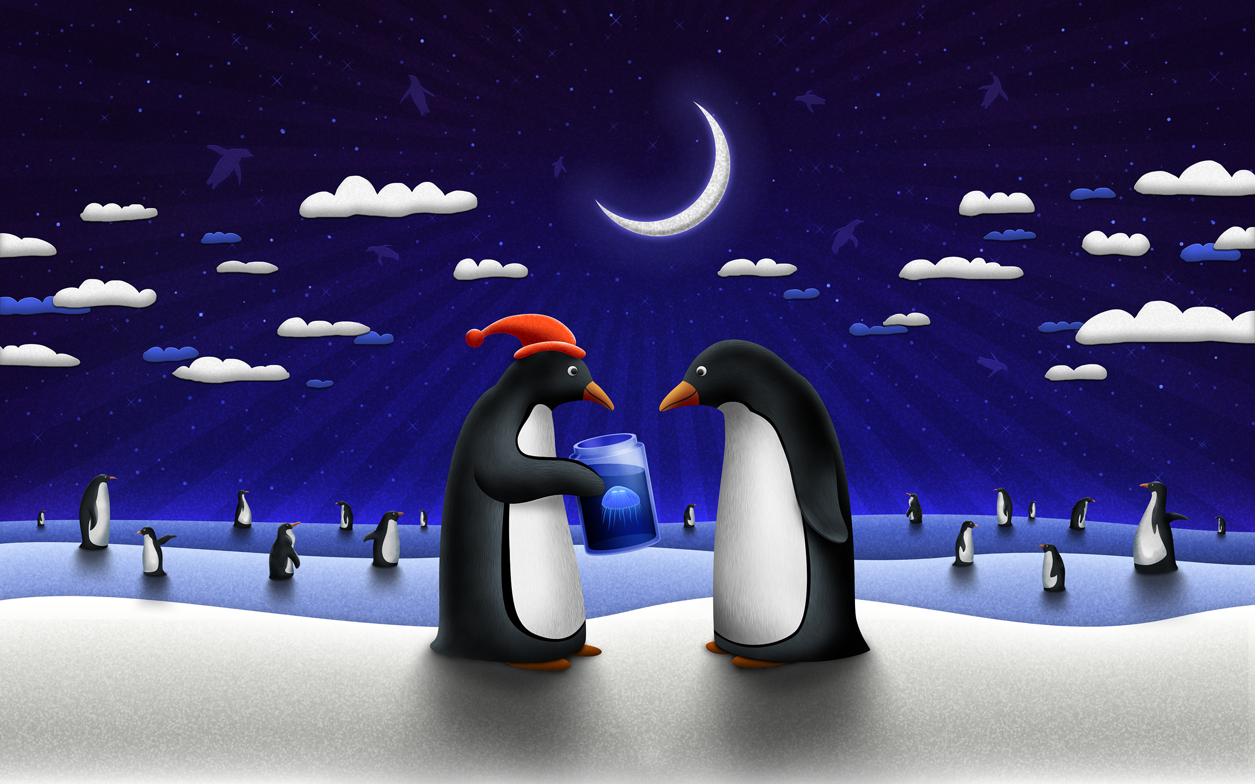 Penguins under a crescent moon with jellyfish HD Wallpaper