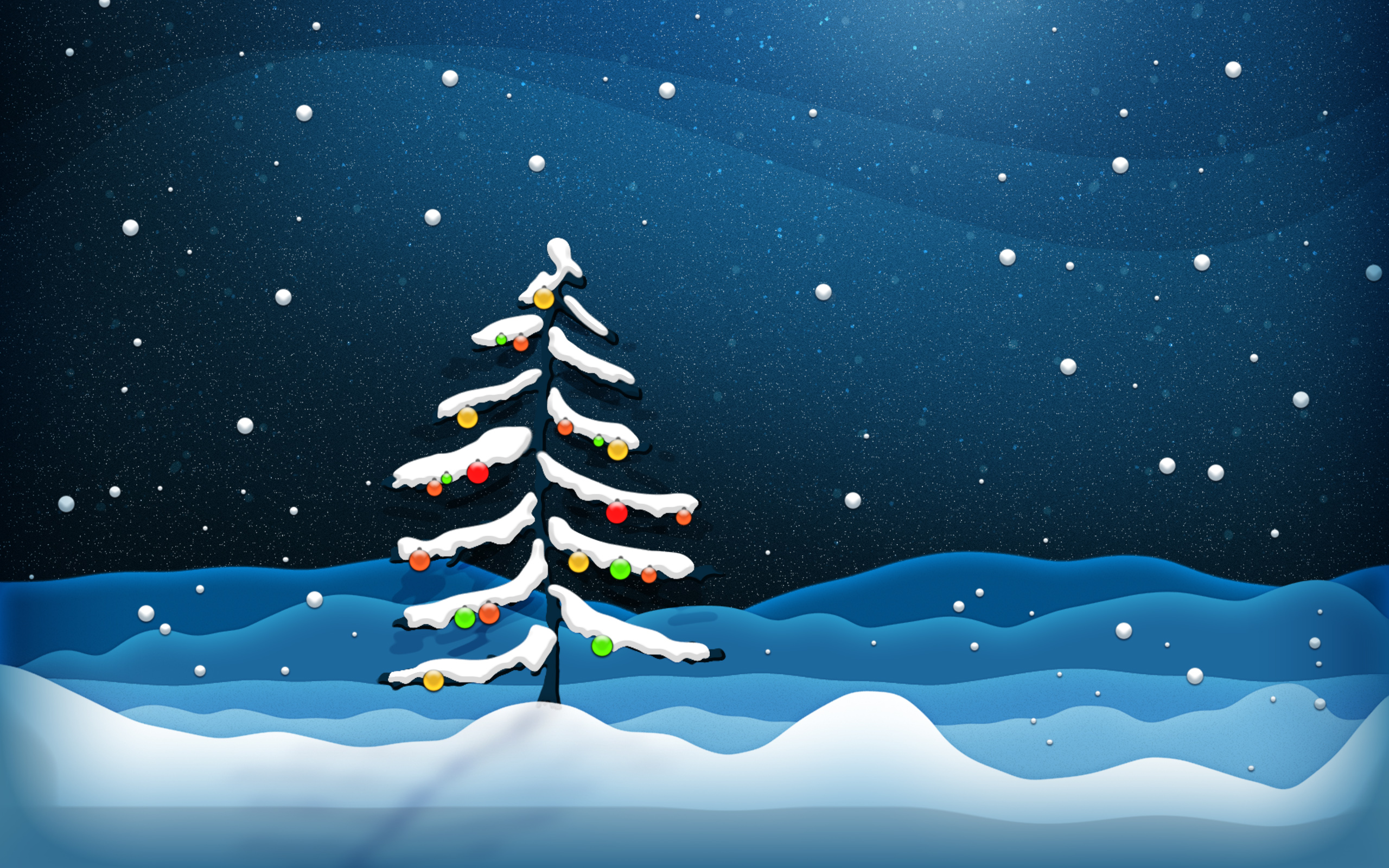 Christmas tree with ornaments in a snowy landscape HD Wallpaper