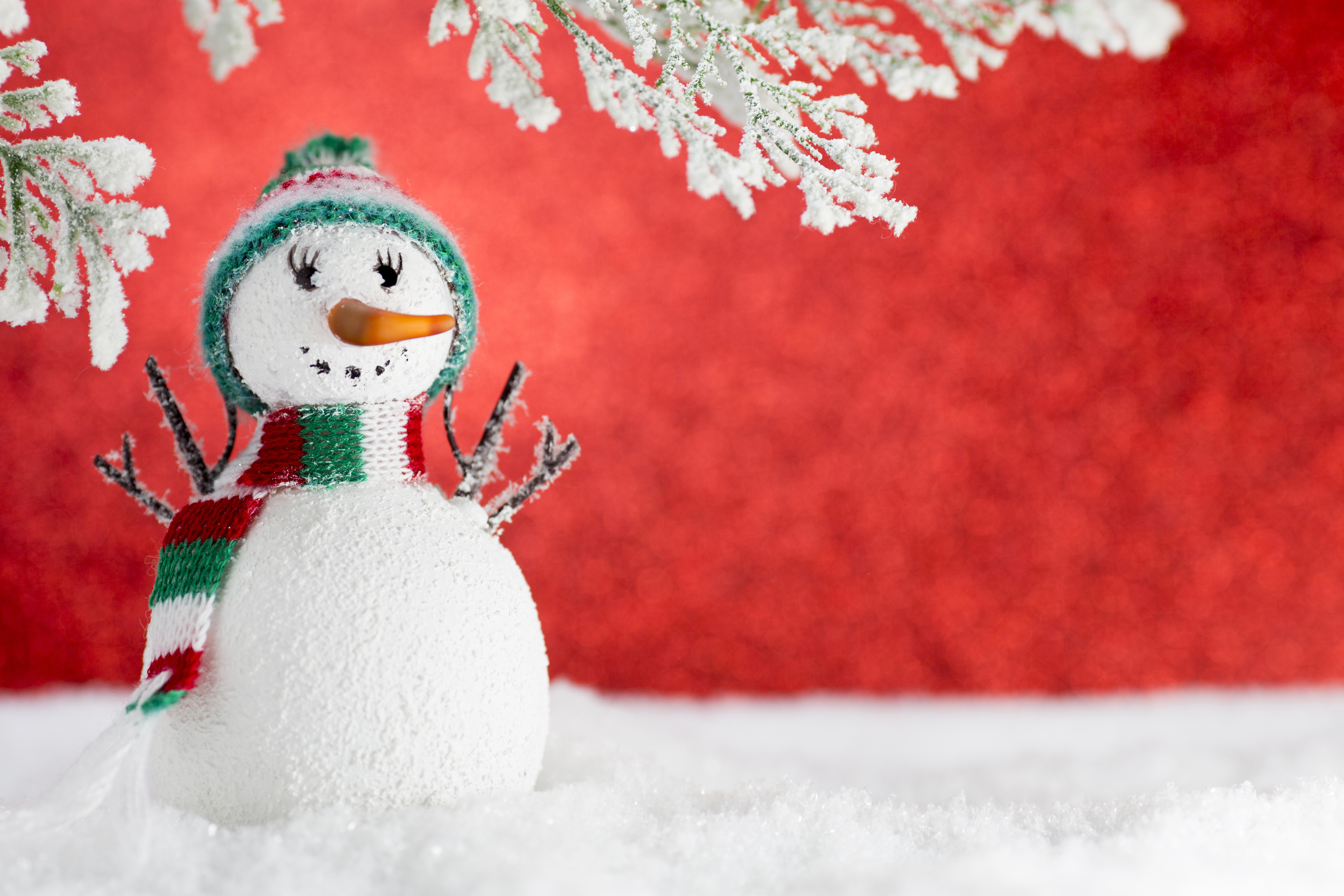Snowman with scarf and hat in snow HD Wallpaper