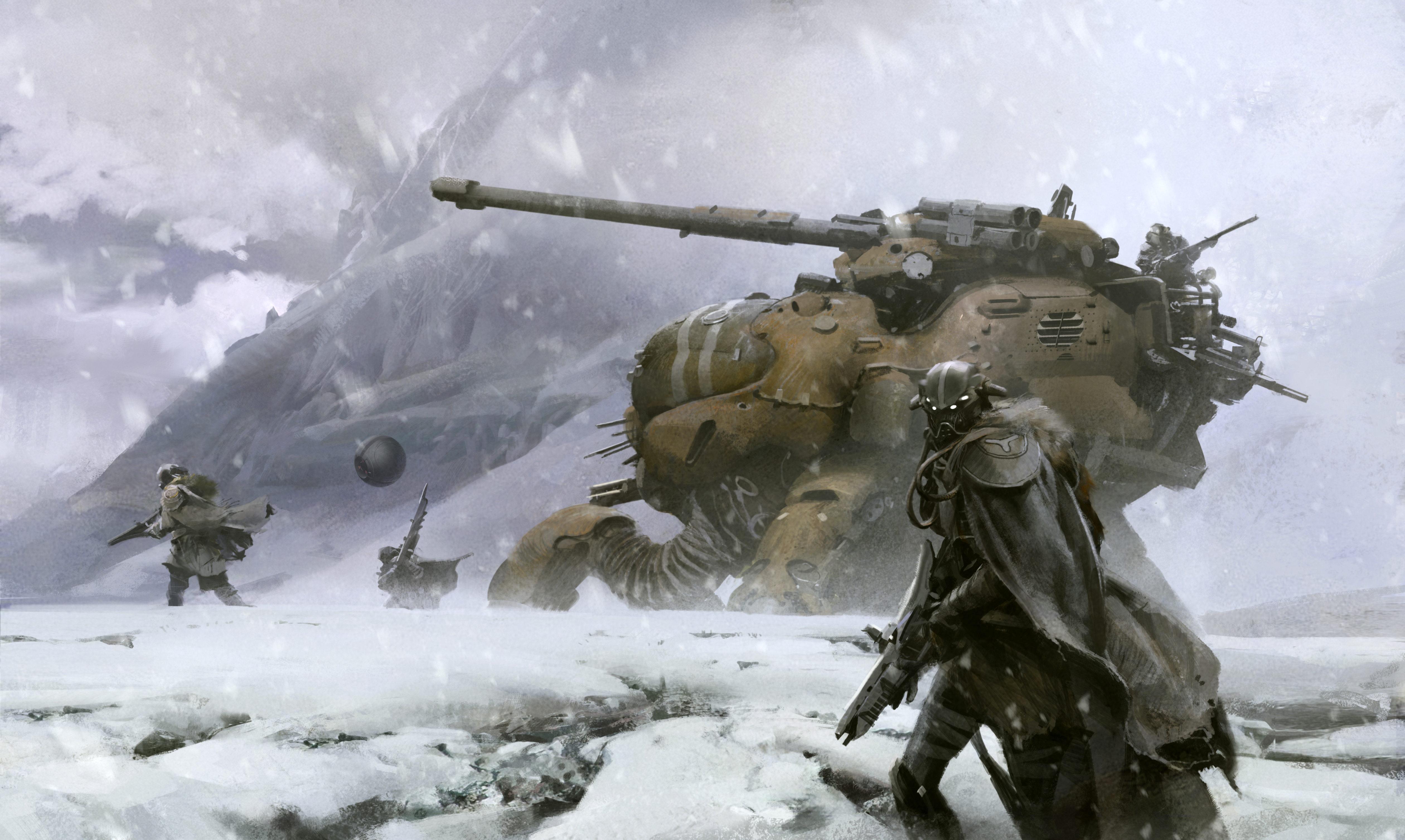 Soldiers and a tank in a snowy landscape HD Wallpaper