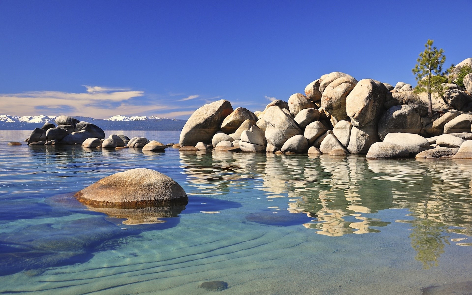 Lake Tahoe with Boulders and Snow-Capped Mountains HD Wallpaper