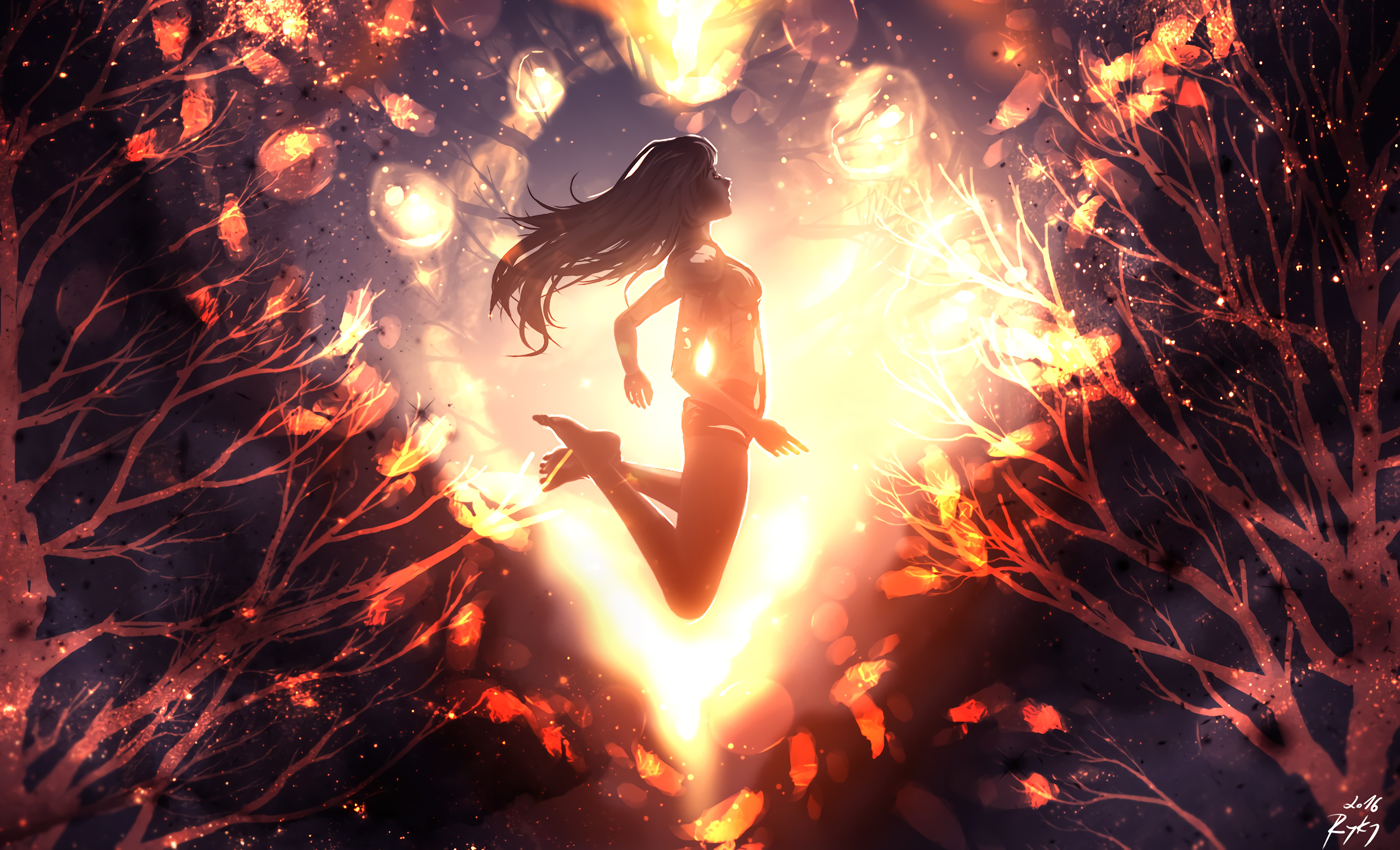 Girl jumping in a glowing forest HD Wallpaper