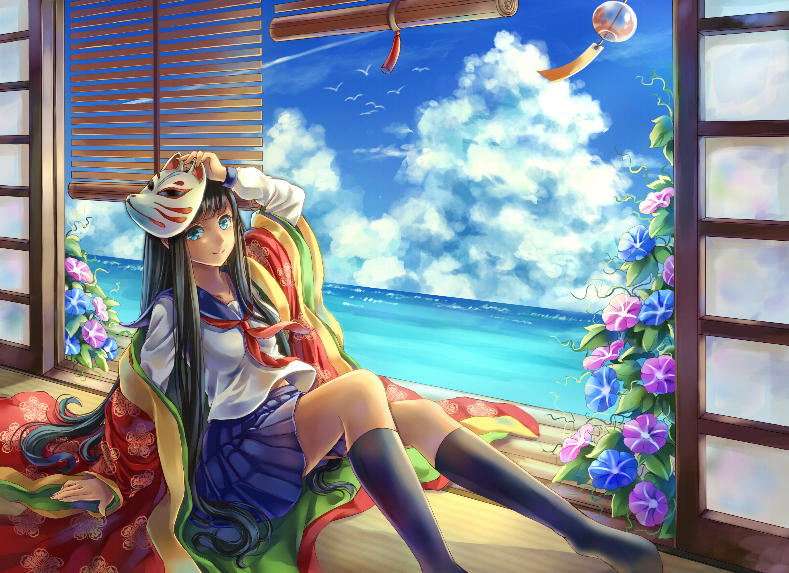 Anime girl in school uniform with Kitsune mask by the sea HD Wallpaper