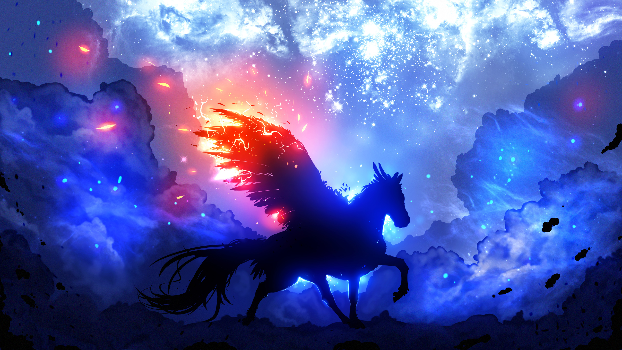 Silhouette of a Pegasus with fiery wings in a starry sky HD Wallpaper