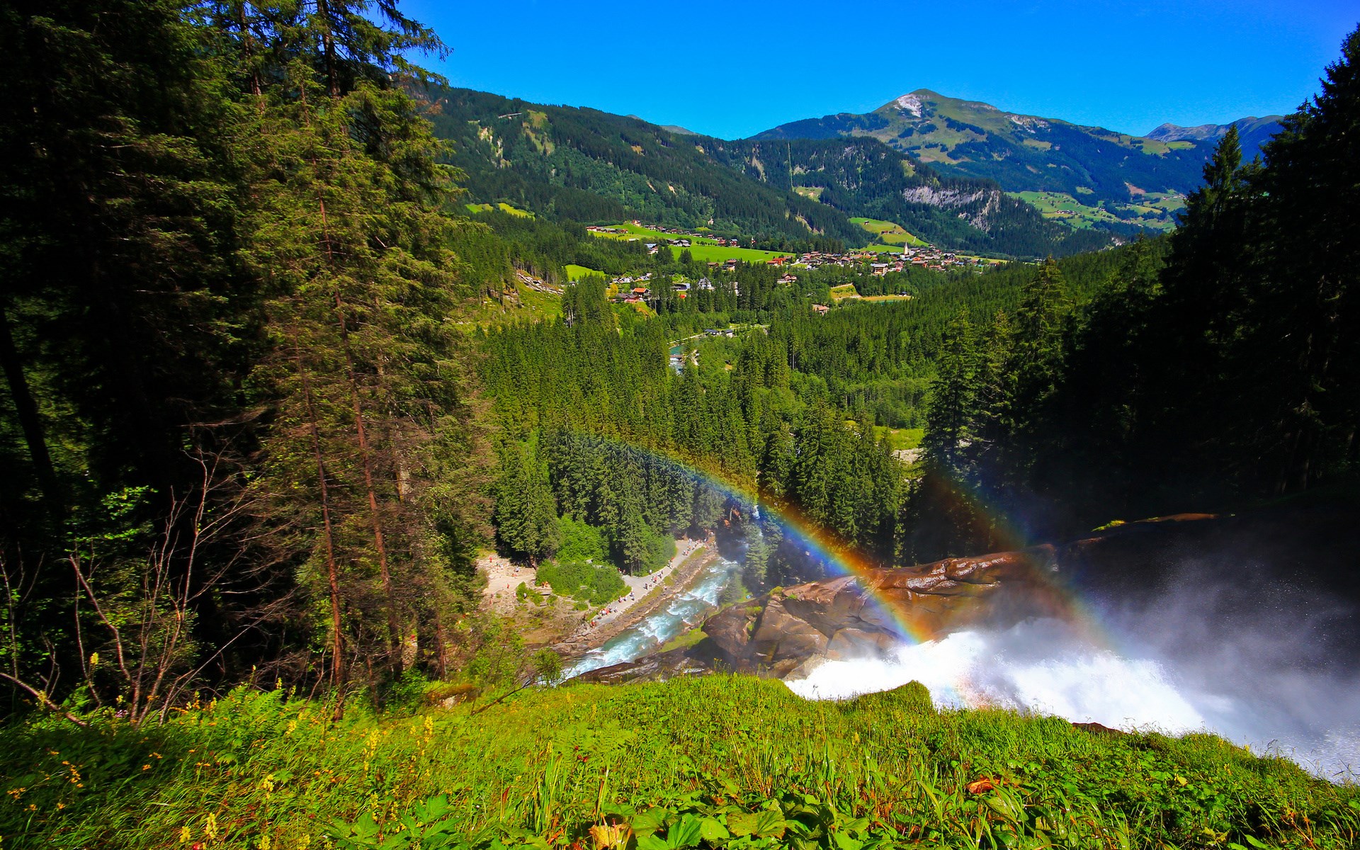 Waterfall with Rainbow and Alpine Village HD Wallpaper