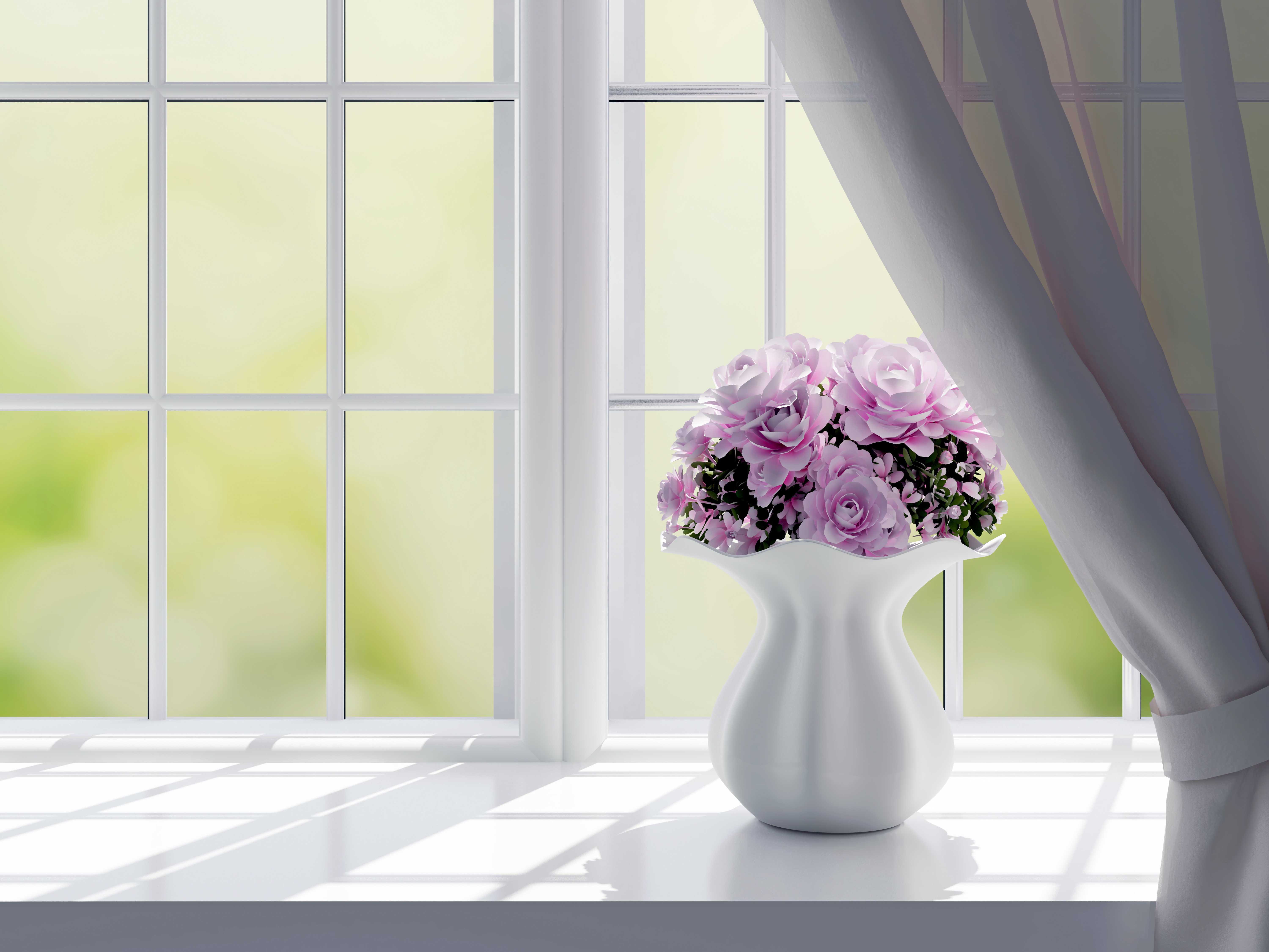 Pink Roses in a Vase on a Windowsill HD Wallpaper