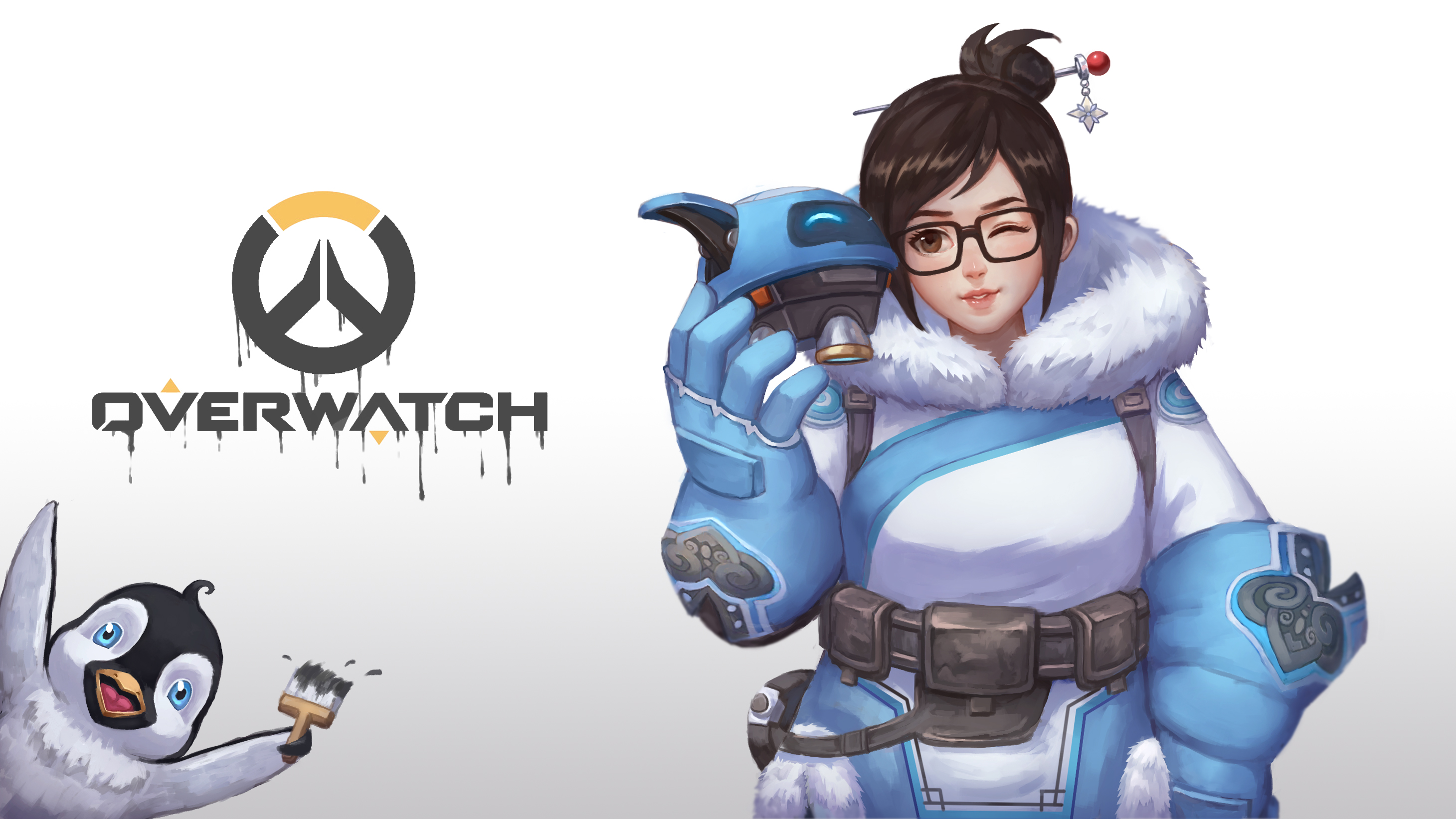 Mei from Overwatch with Snowball and a Penguin HD Wallpaper