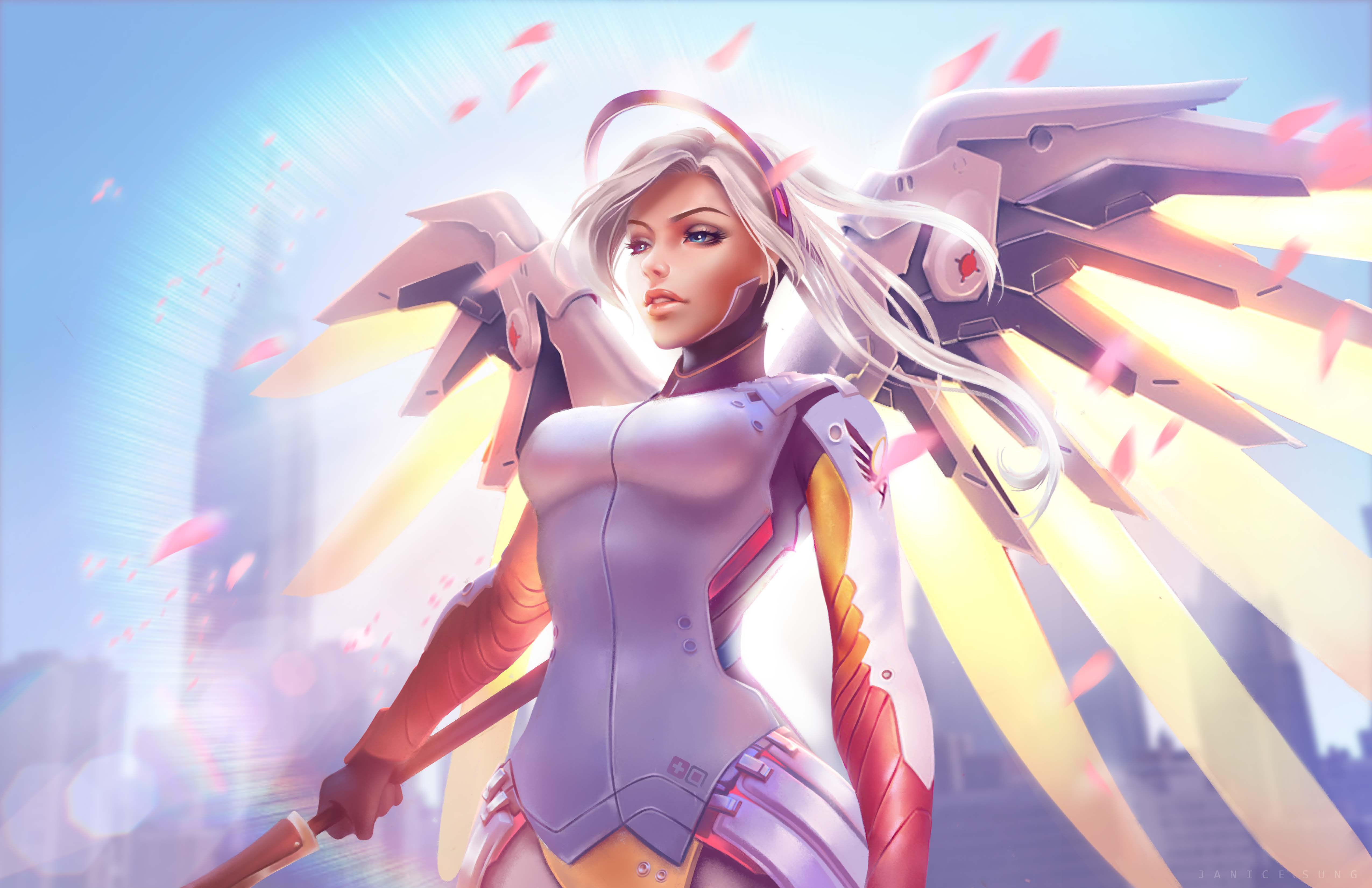 Mercy from Overwatch with wings HD Wallpaper