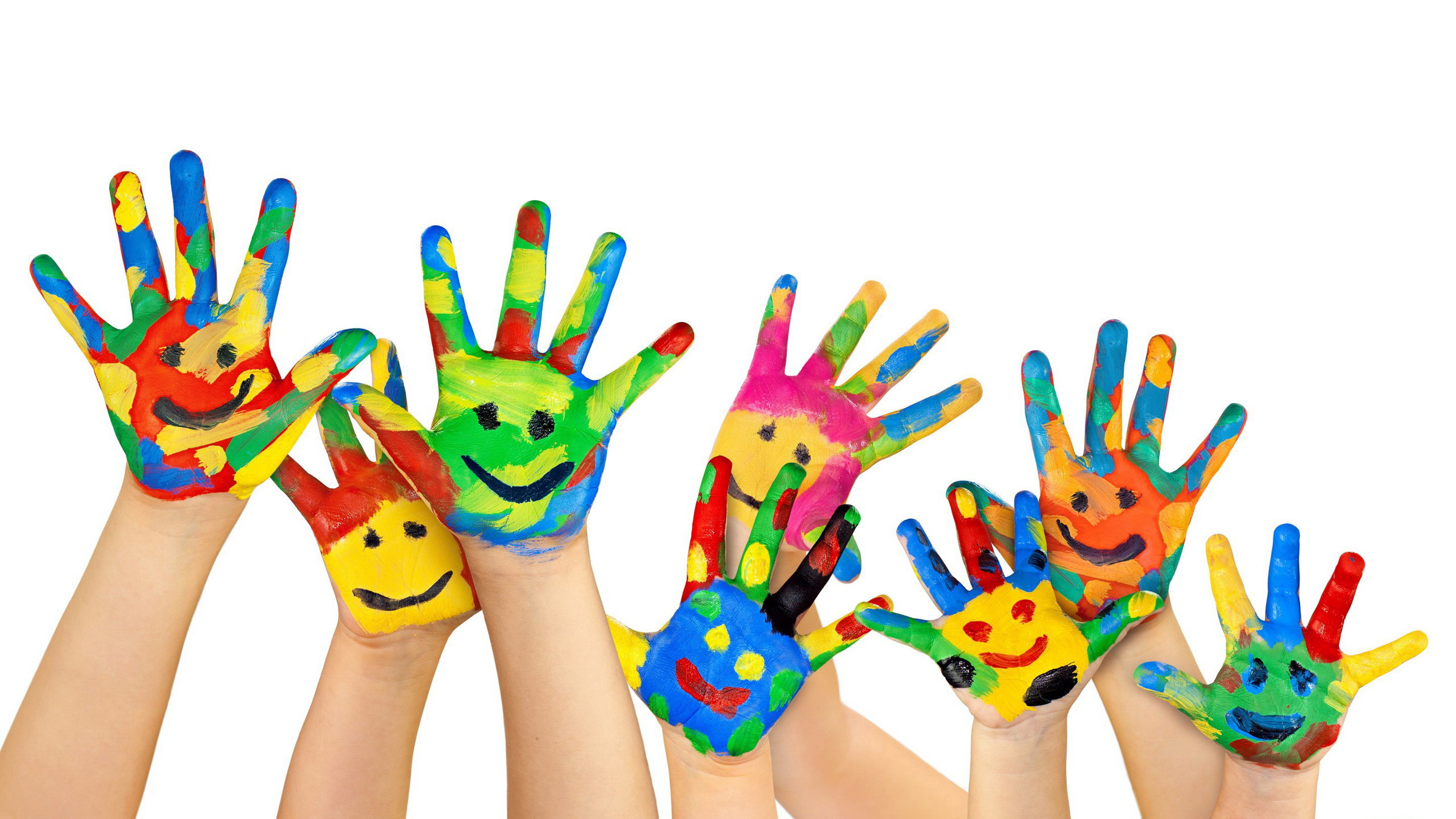 Children's hands painted with colorful smiley faces HD Wallpaper