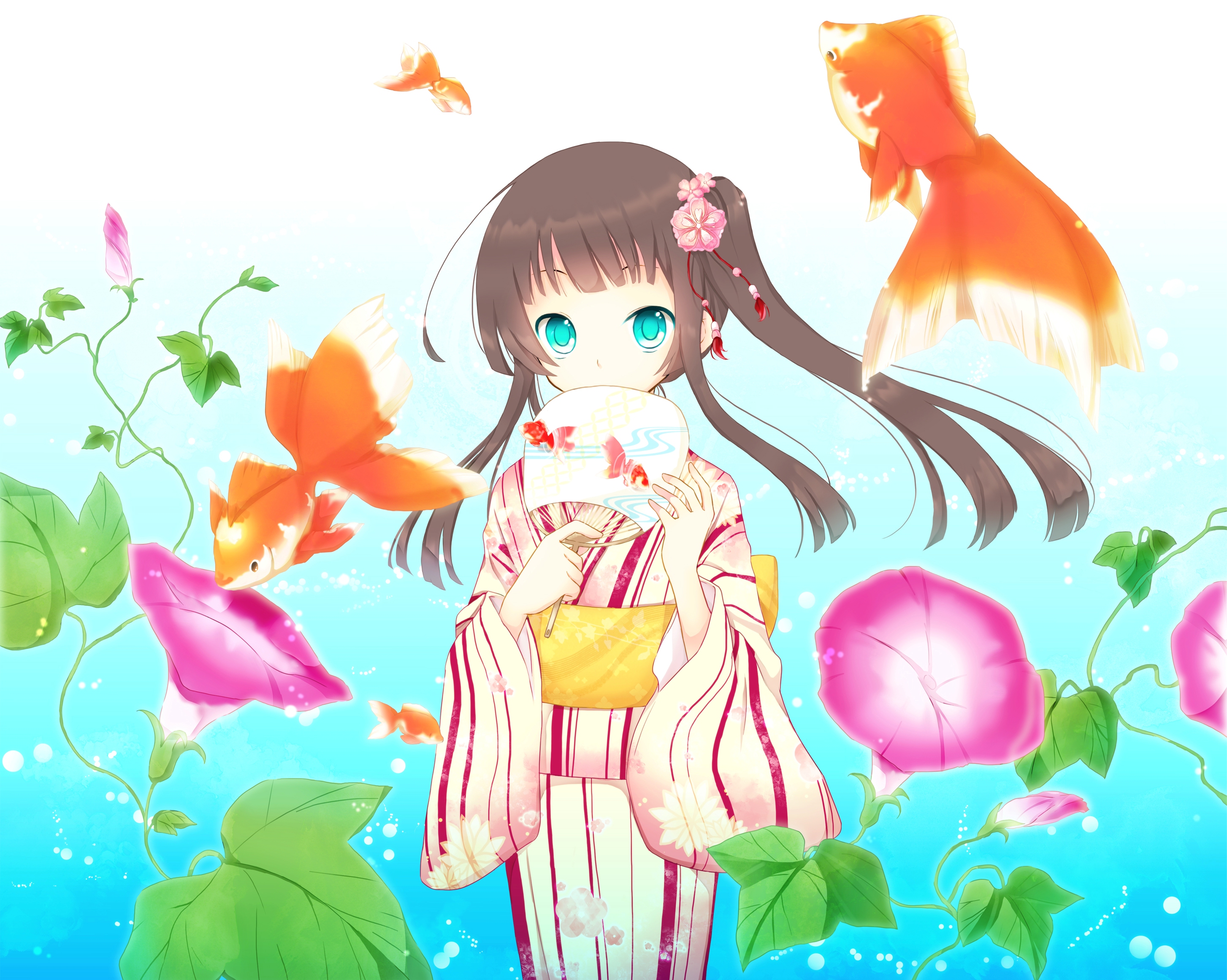 Anime girl in kimono with goldfish and flowers HD Wallpaper