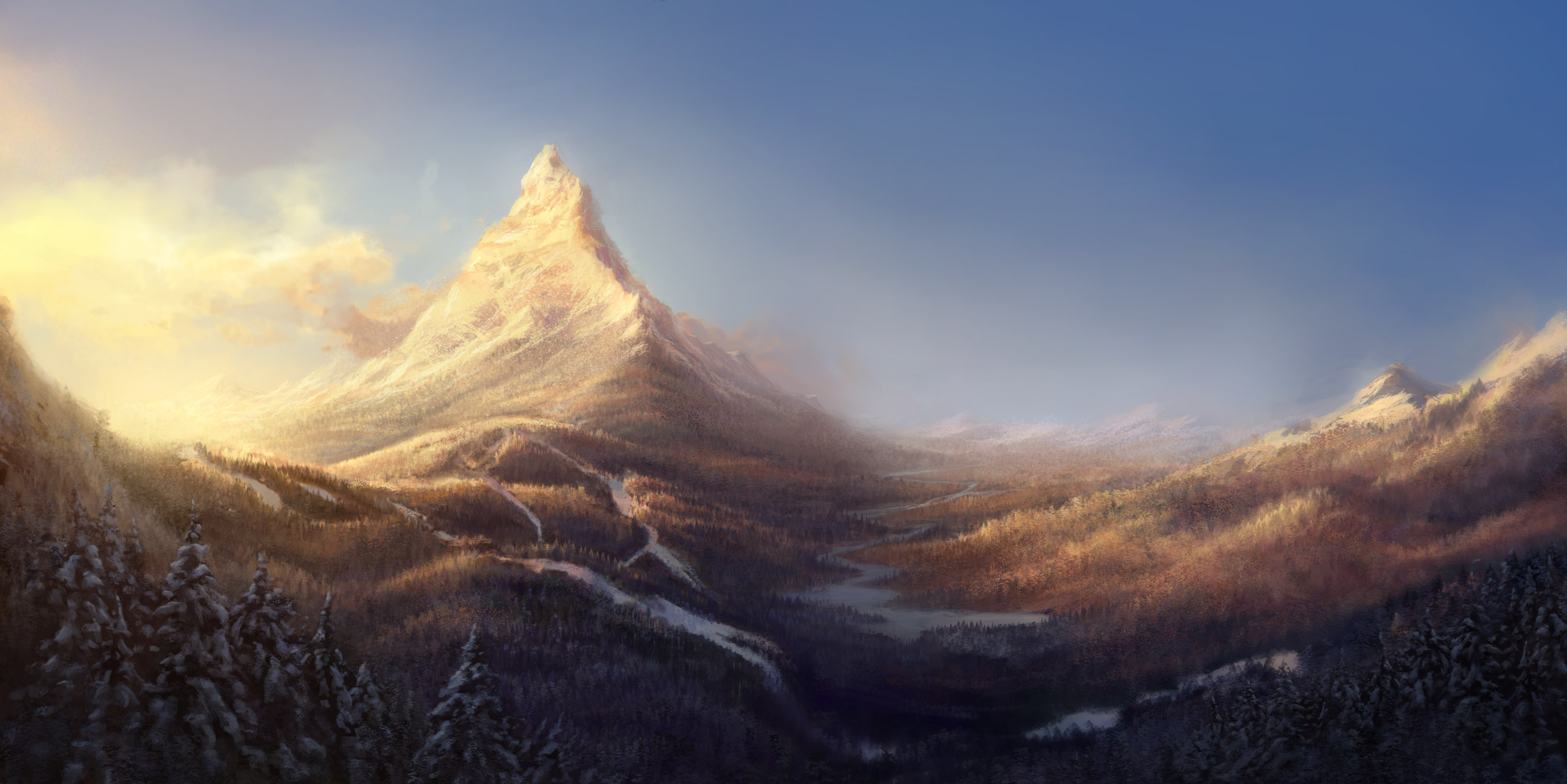 Digital painting of a sunlit mountain range in winter HD Wallpaper
