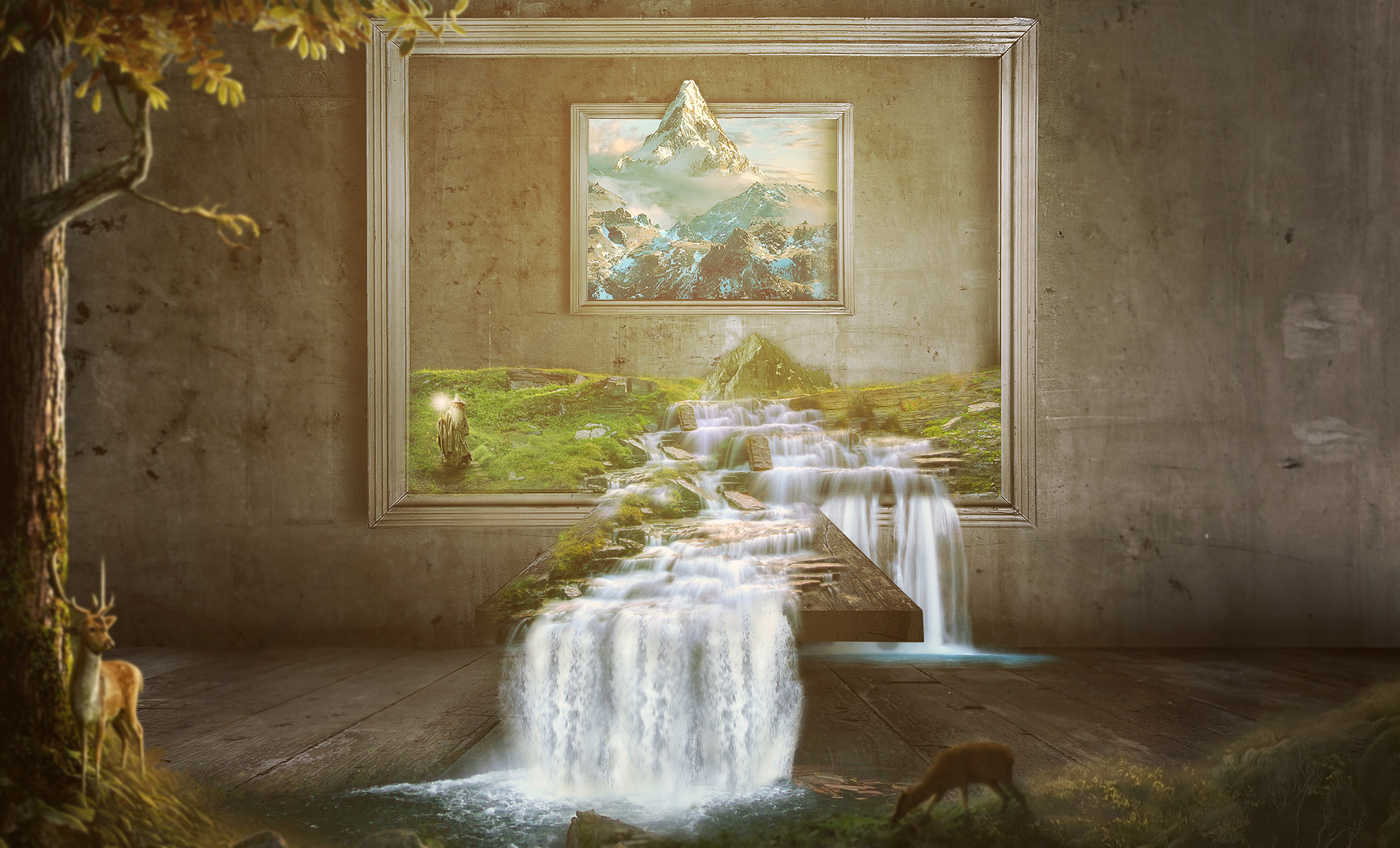 Gandalf and waterfall artwork HD Wallpaper