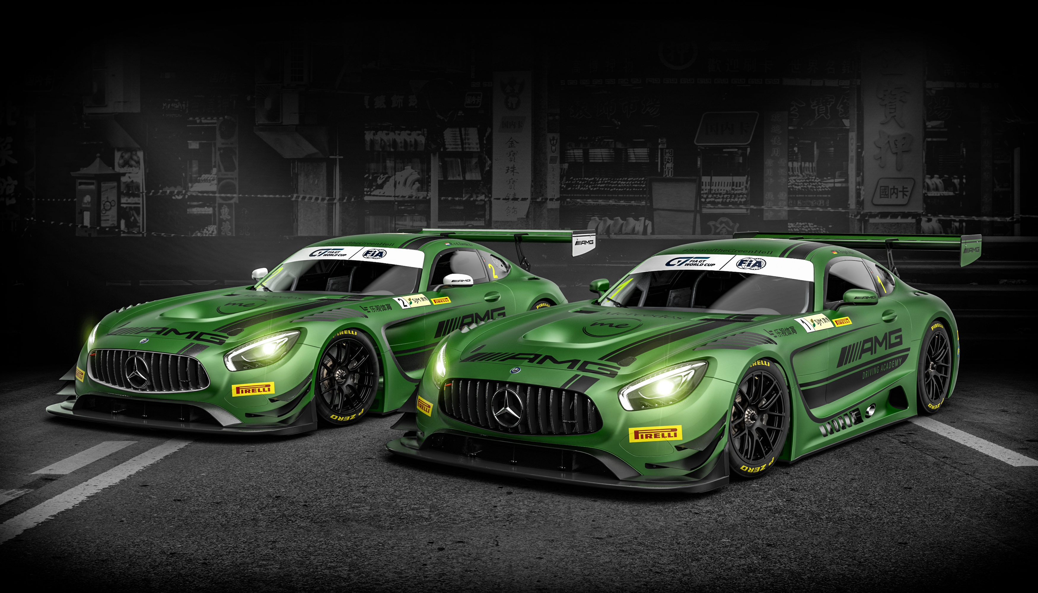 Two green Mercedes-AMG GT3 race cars on a street HD Wallpaper