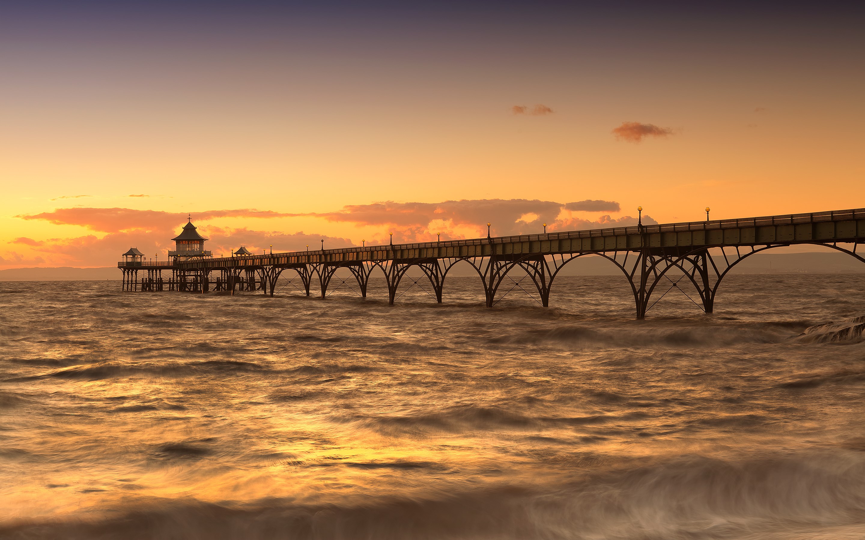 Pier over the sea at sunset HD Wallpaper