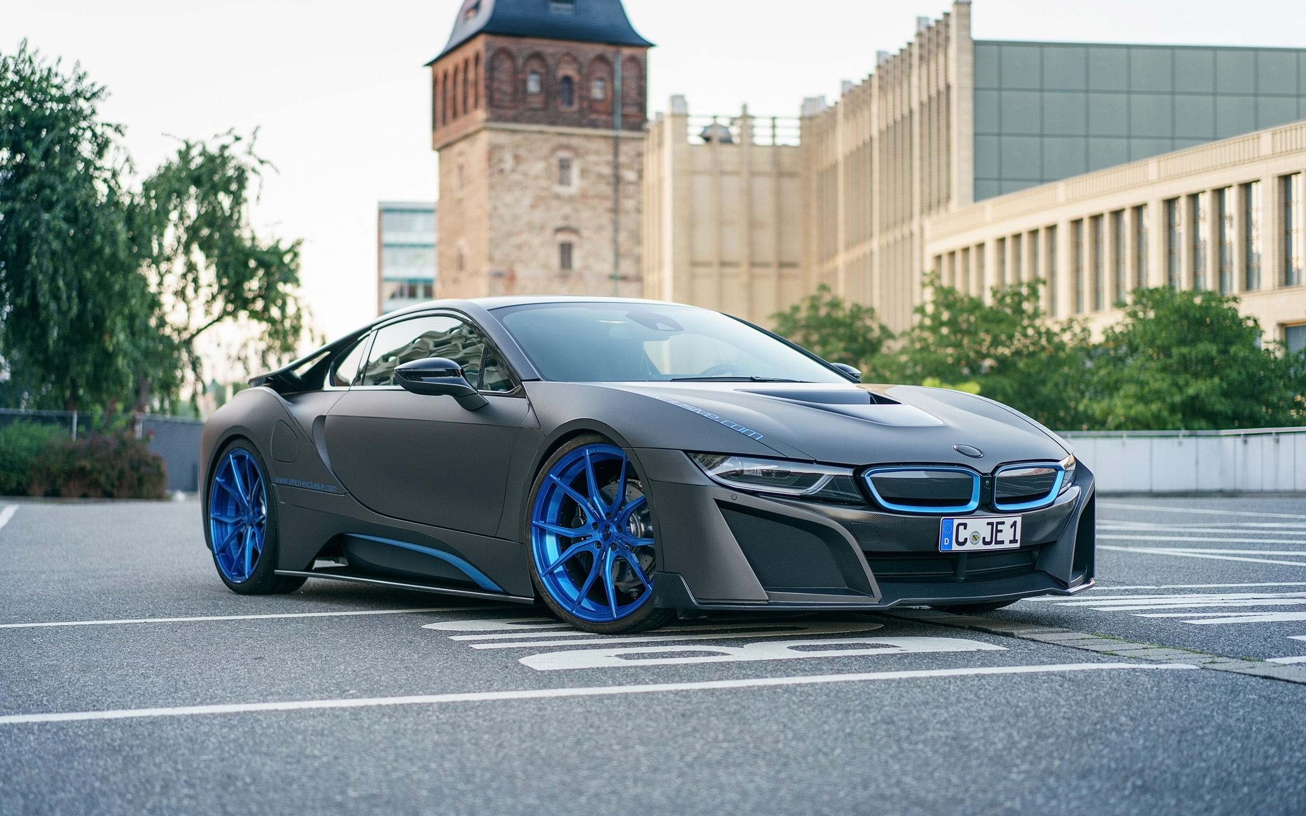 Matte gray BMW i8 by German Special Customs with blue accents HD Wallpaper