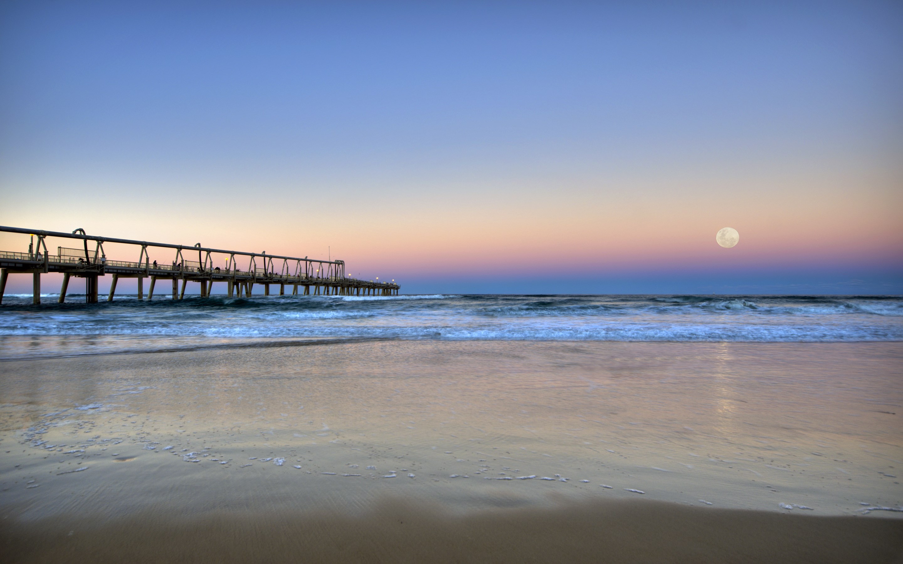 Pier over ocean at sunset with moon HD Wallpaper
