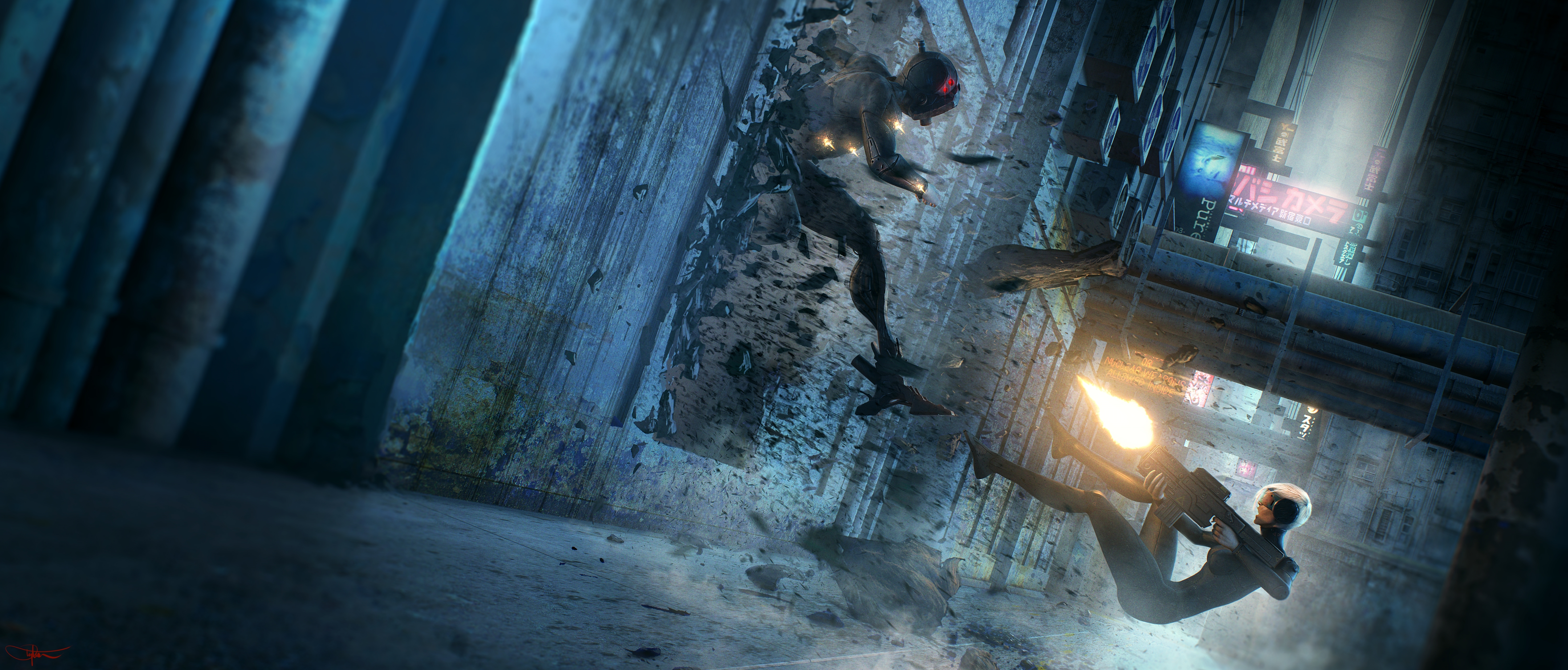Cyberpunk scene with a character smashing through a wall HD Wallpaper