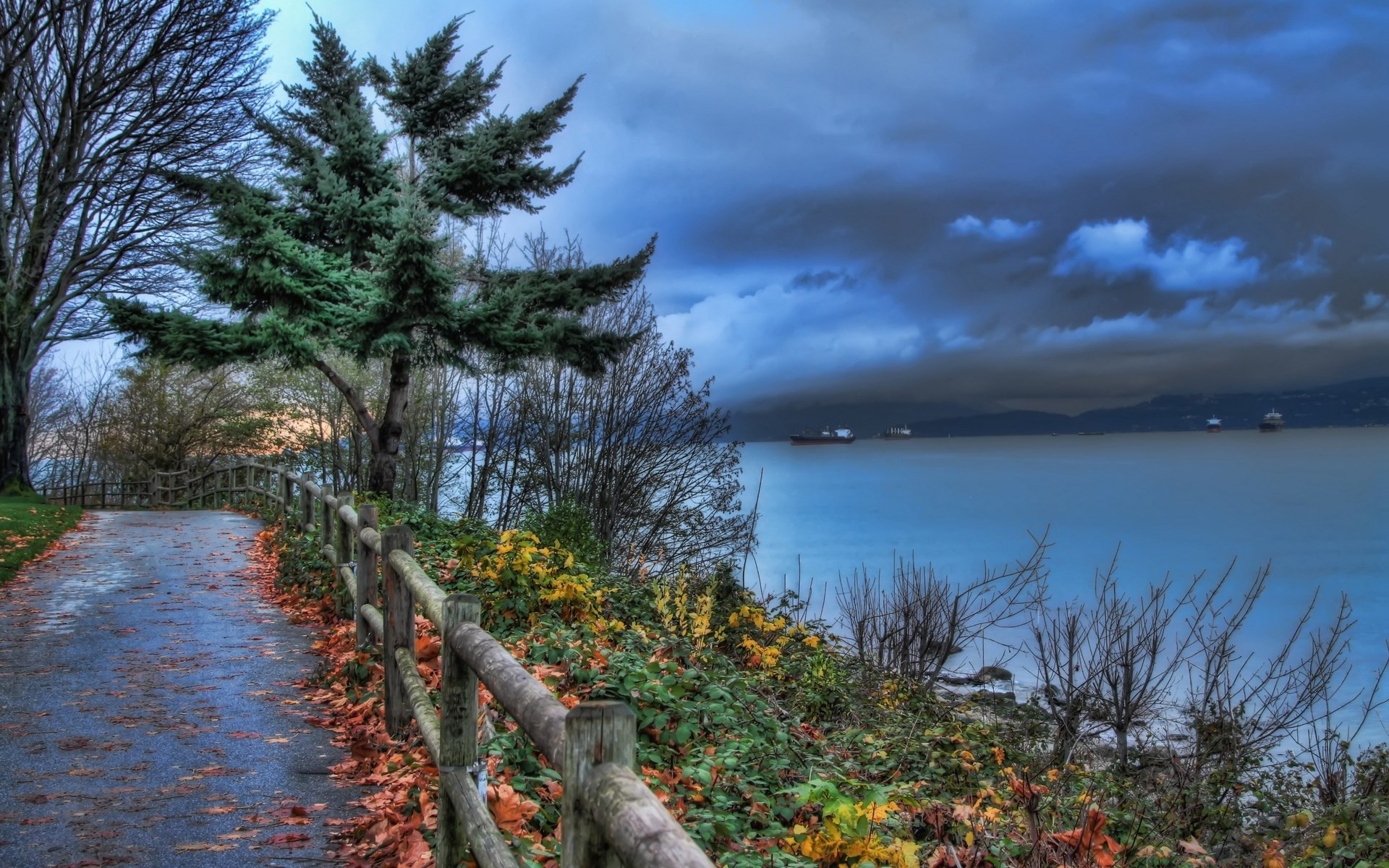 Coastal path with trees and ships on the water HD Wallpaper