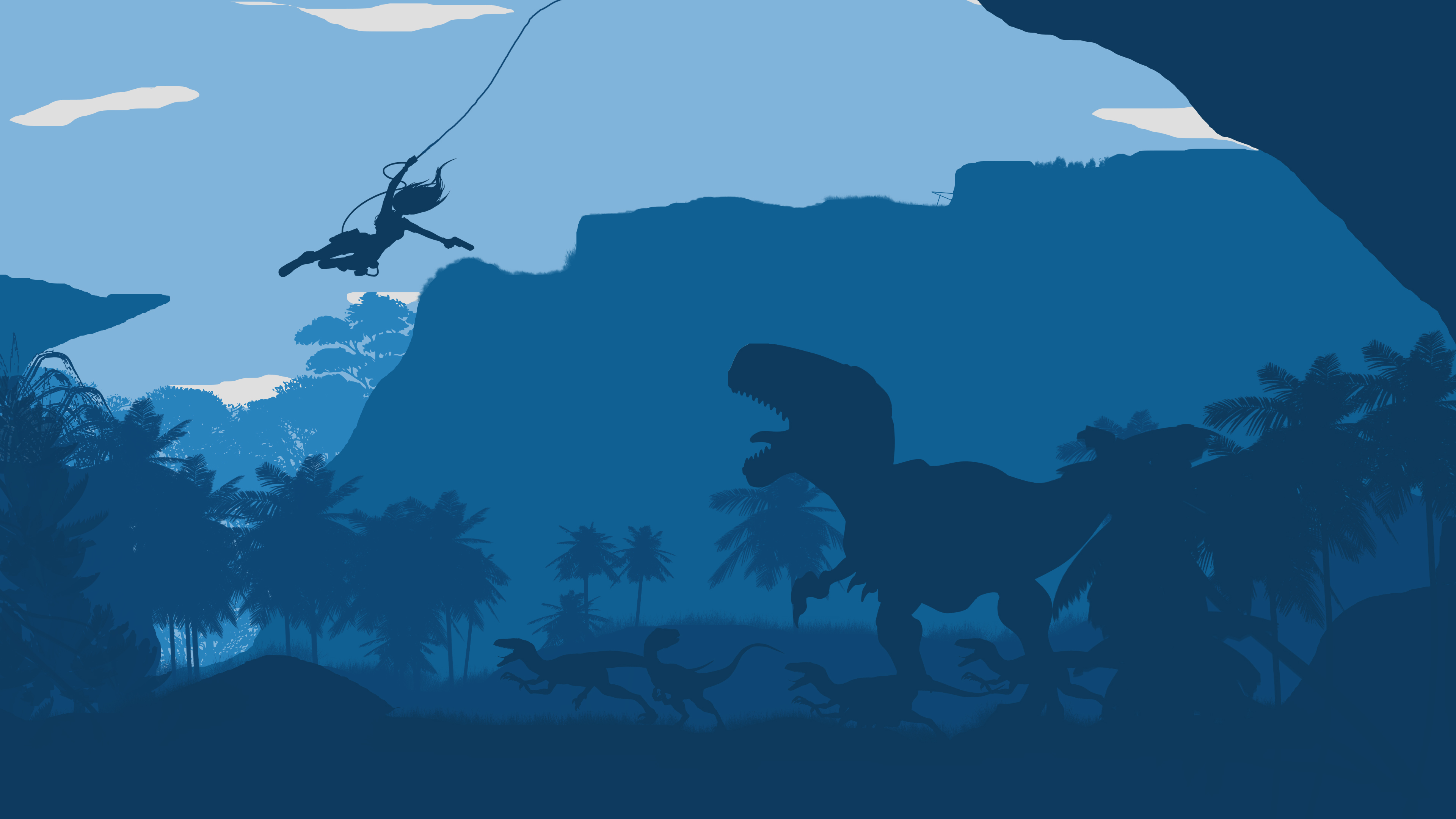 Lara Croft from Tomb Raider swinging over dinosaurs HD Wallpaper