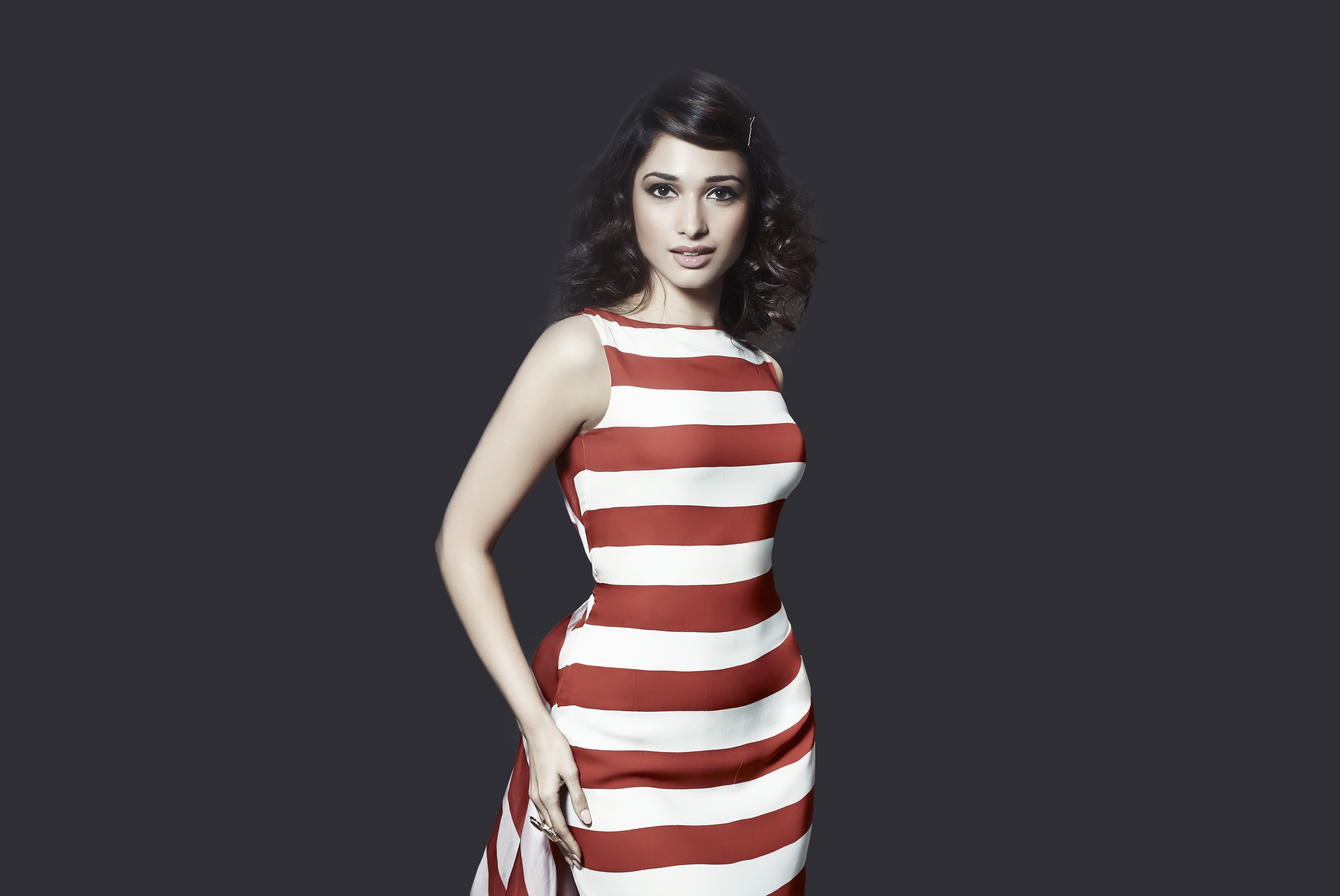 Tamannaah Bhatia in a red and white striped dress HD Wallpaper