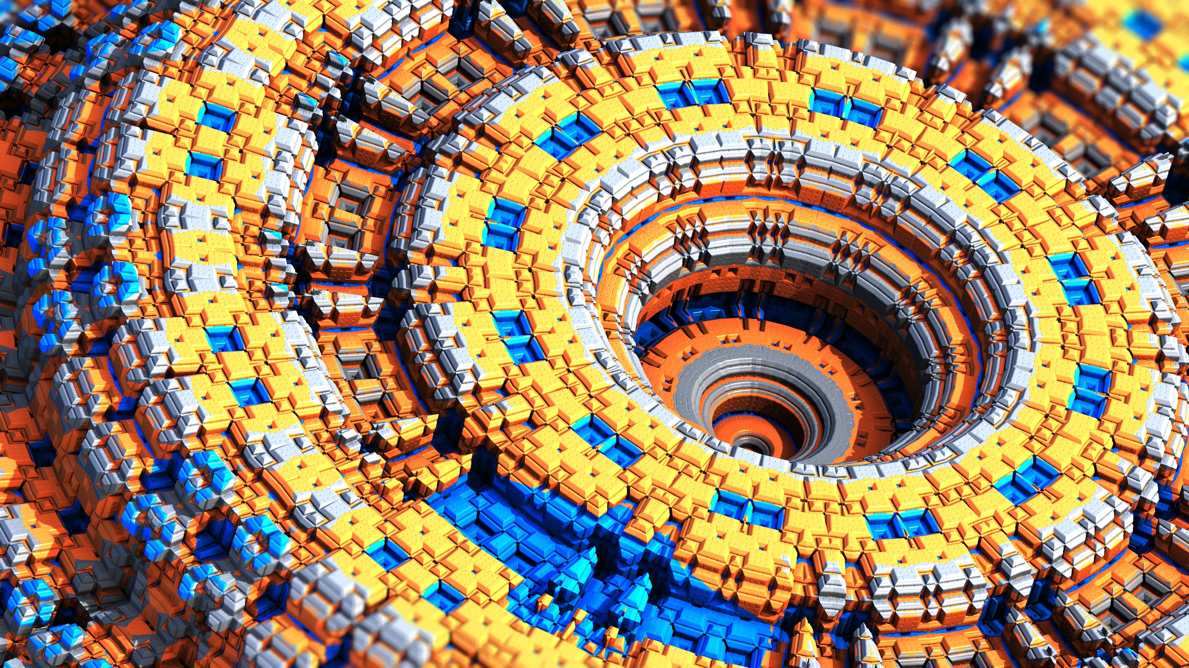 Complex fractal structure with orange, blue, and gray blocks HD Wallpaper