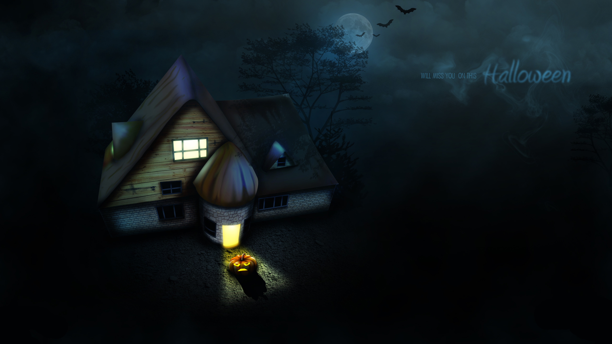 Halloween house with pumpkin and bats HD Wallpaper