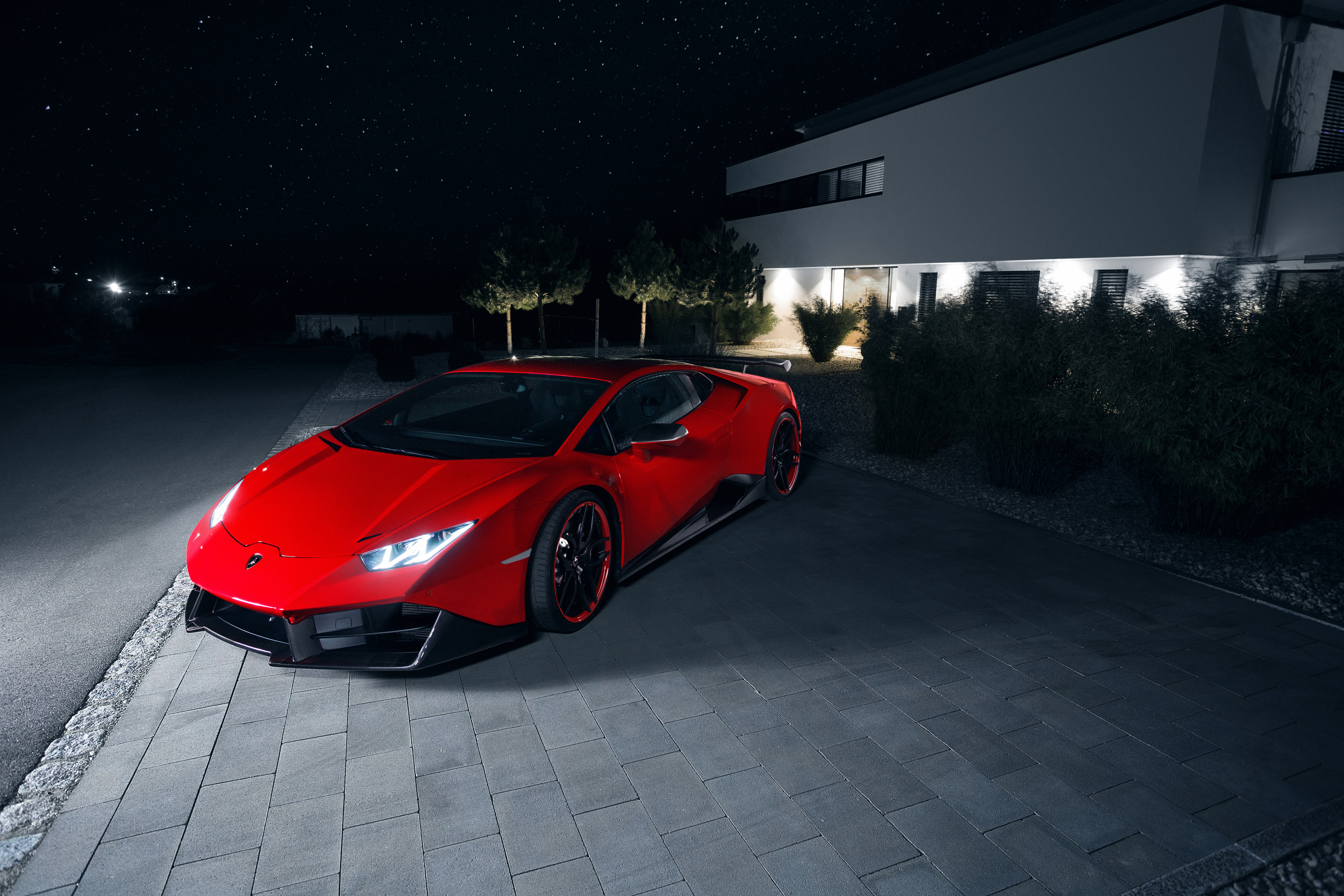 Red Lamborghini Huracan Novitec Torado at Night HD Wallpaper