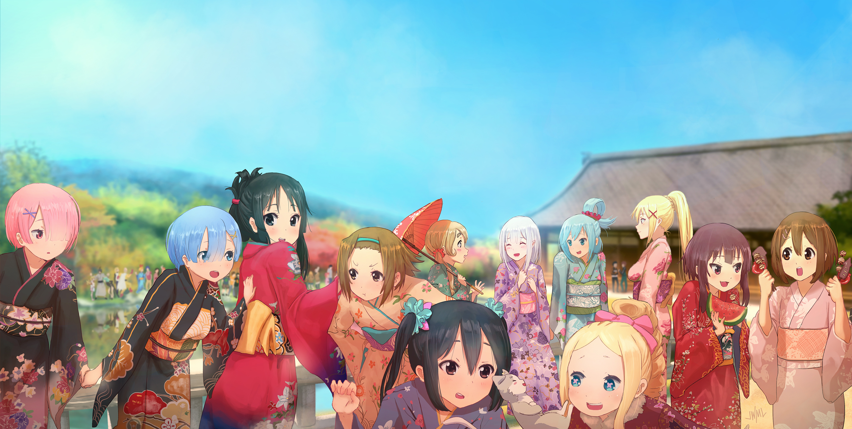 Anime characters in kimonos at a festival HD Wallpaper