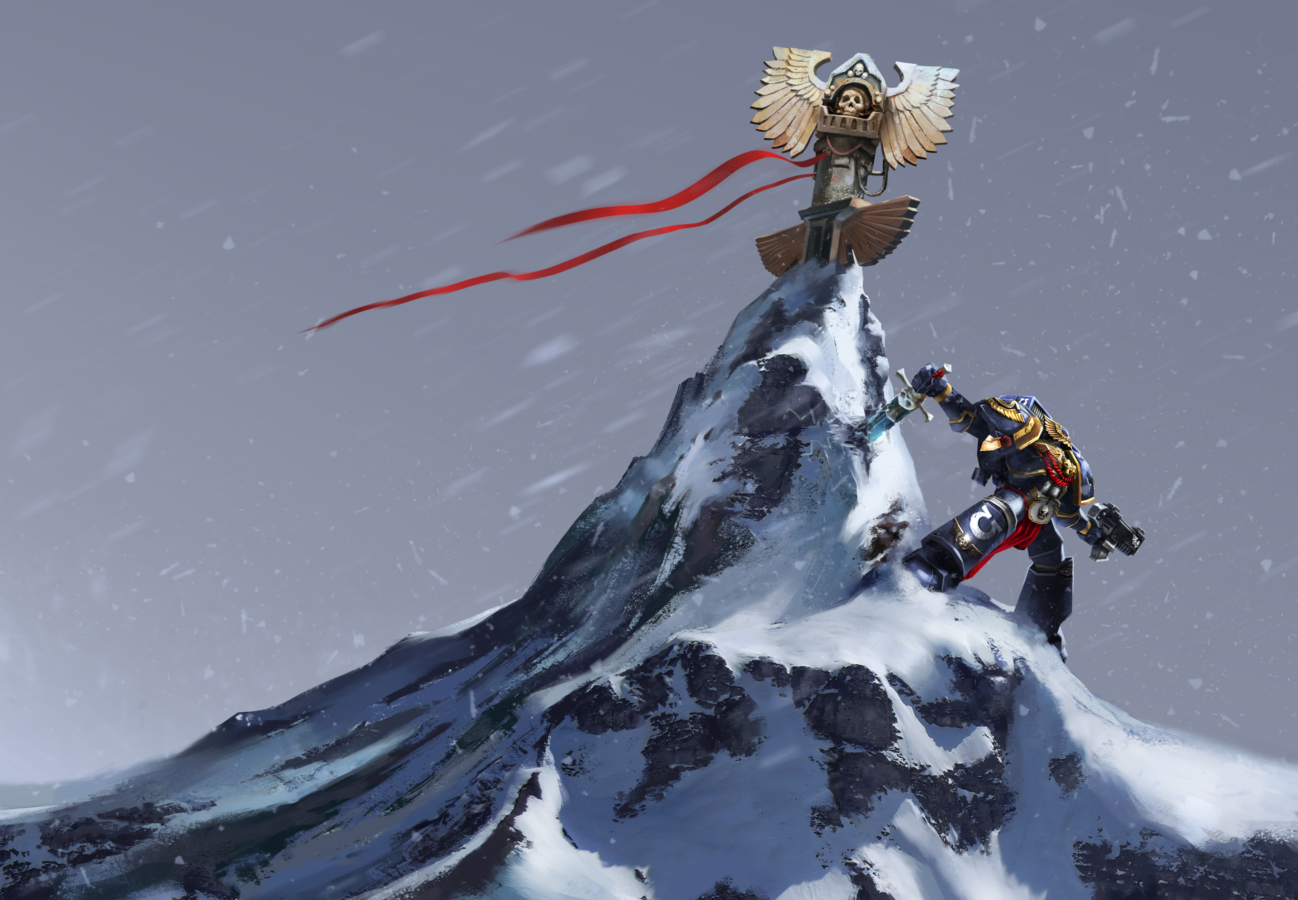 Space Marine from Warhammer 40,000 on a snowy mountain HD Wallpaper