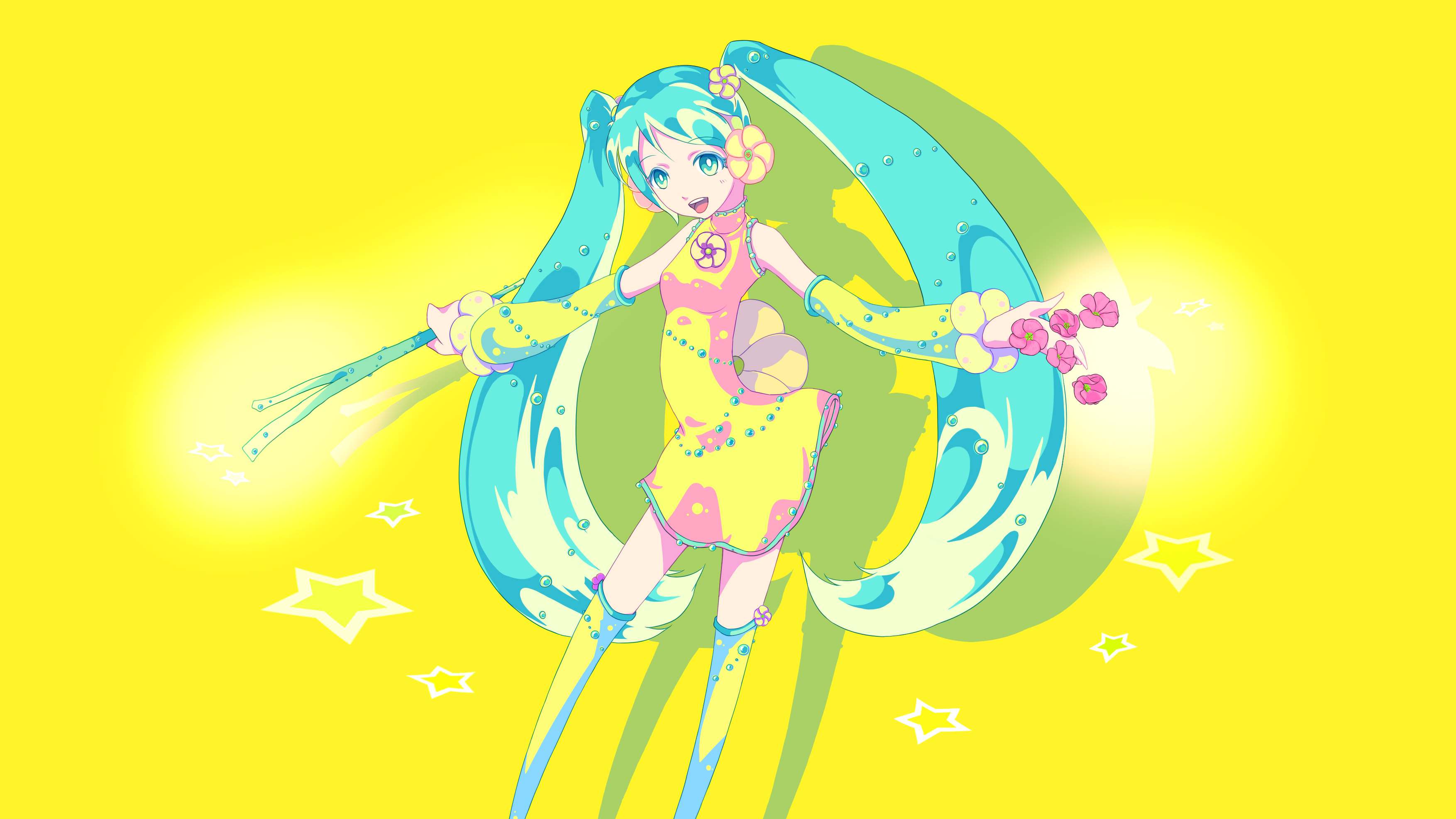 Hatsune Miku from Vocaloid in yellow and blue outfit HD Wallpaper