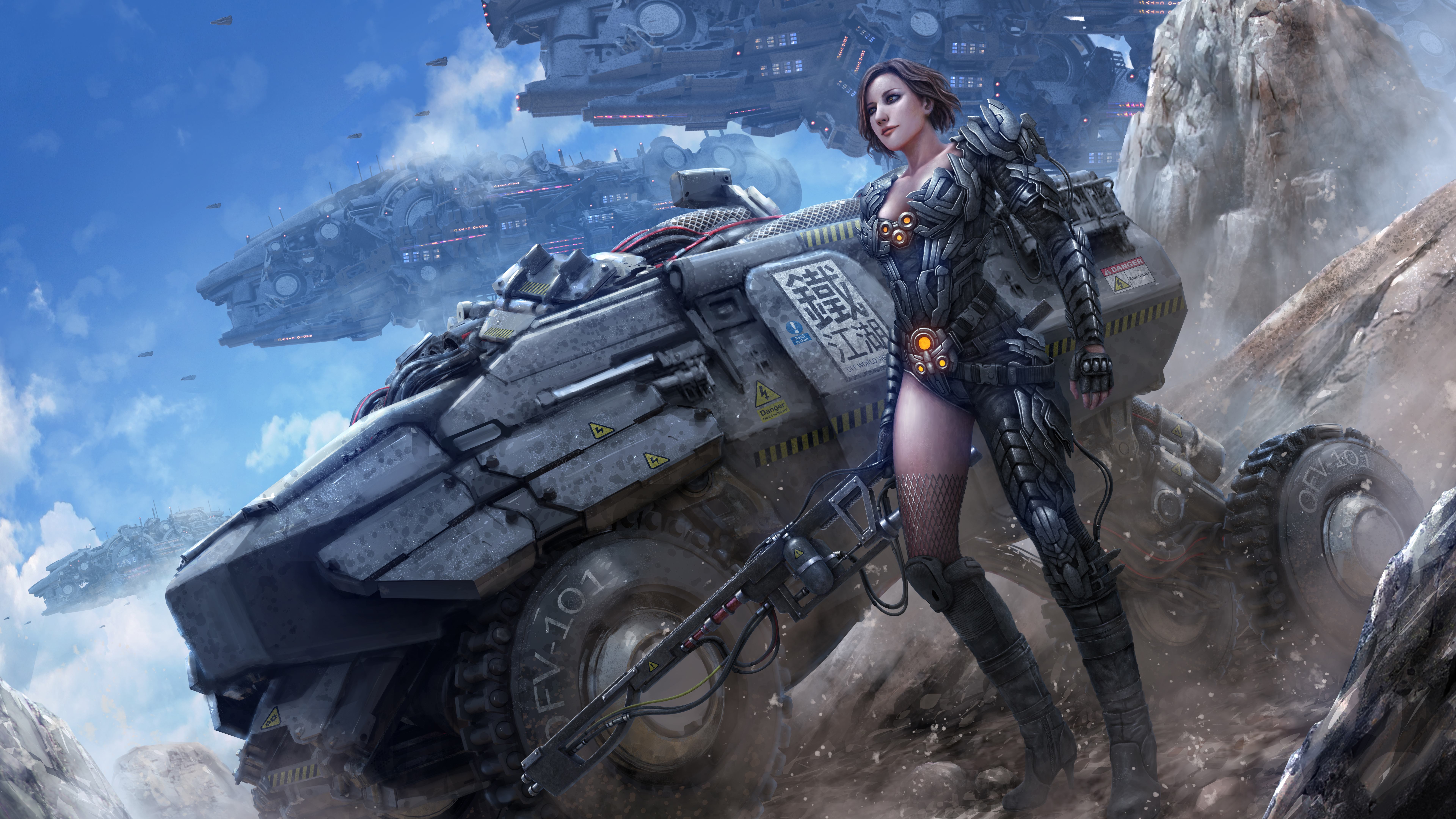 Warrior with Spaceships and Vehicle HD Wallpaper