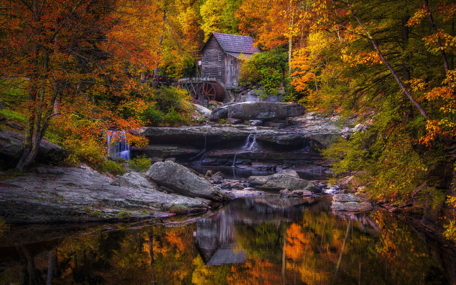 Old mill by a waterfall in autumn HD Wallpaper