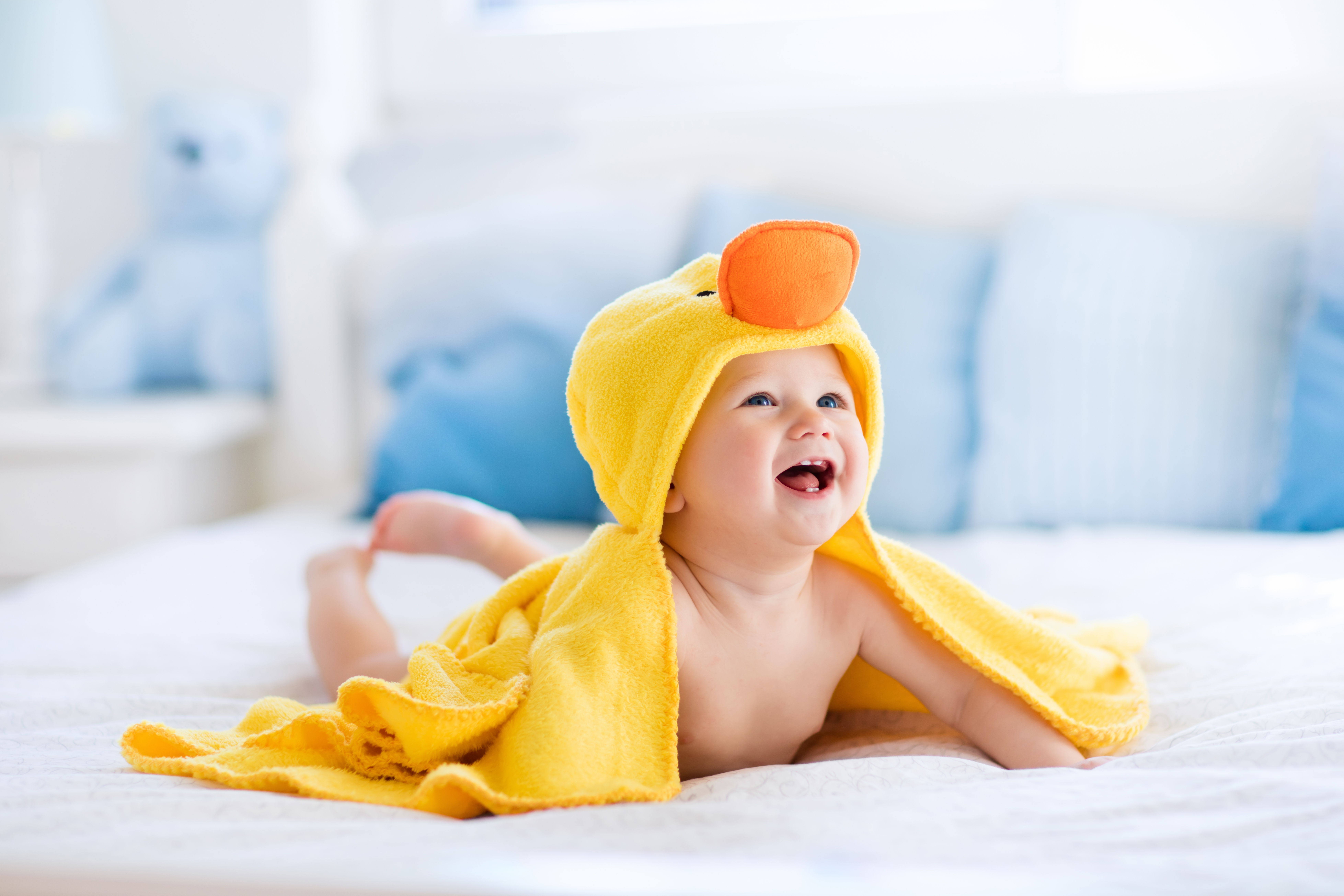 Laugh, Duck towel, 8K, Cute baby, 4K, After bath, Yellow HD Wallpaper
