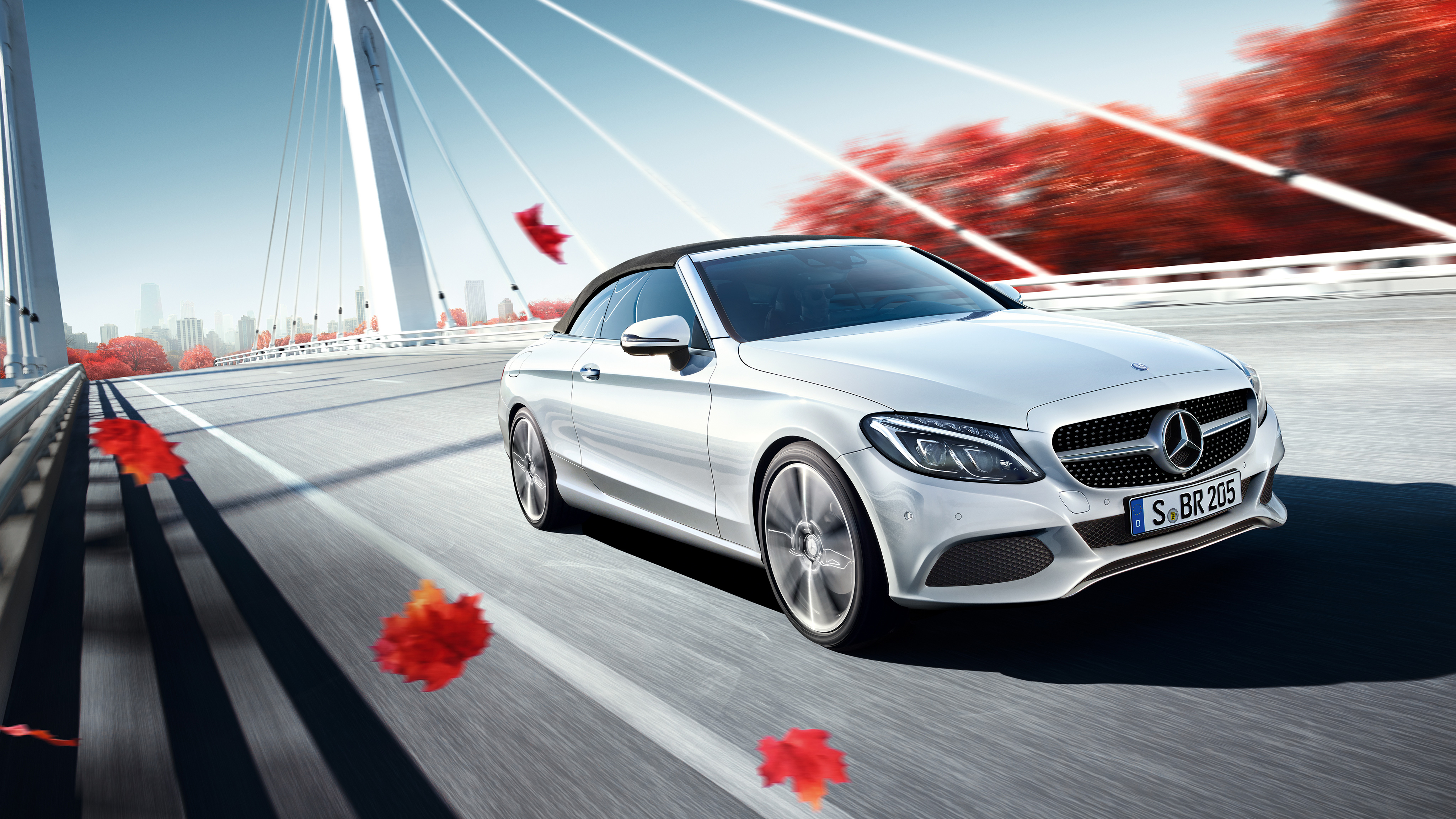White Mercedes-Benz C-Class Cabriolet on a bridge HD Wallpaper