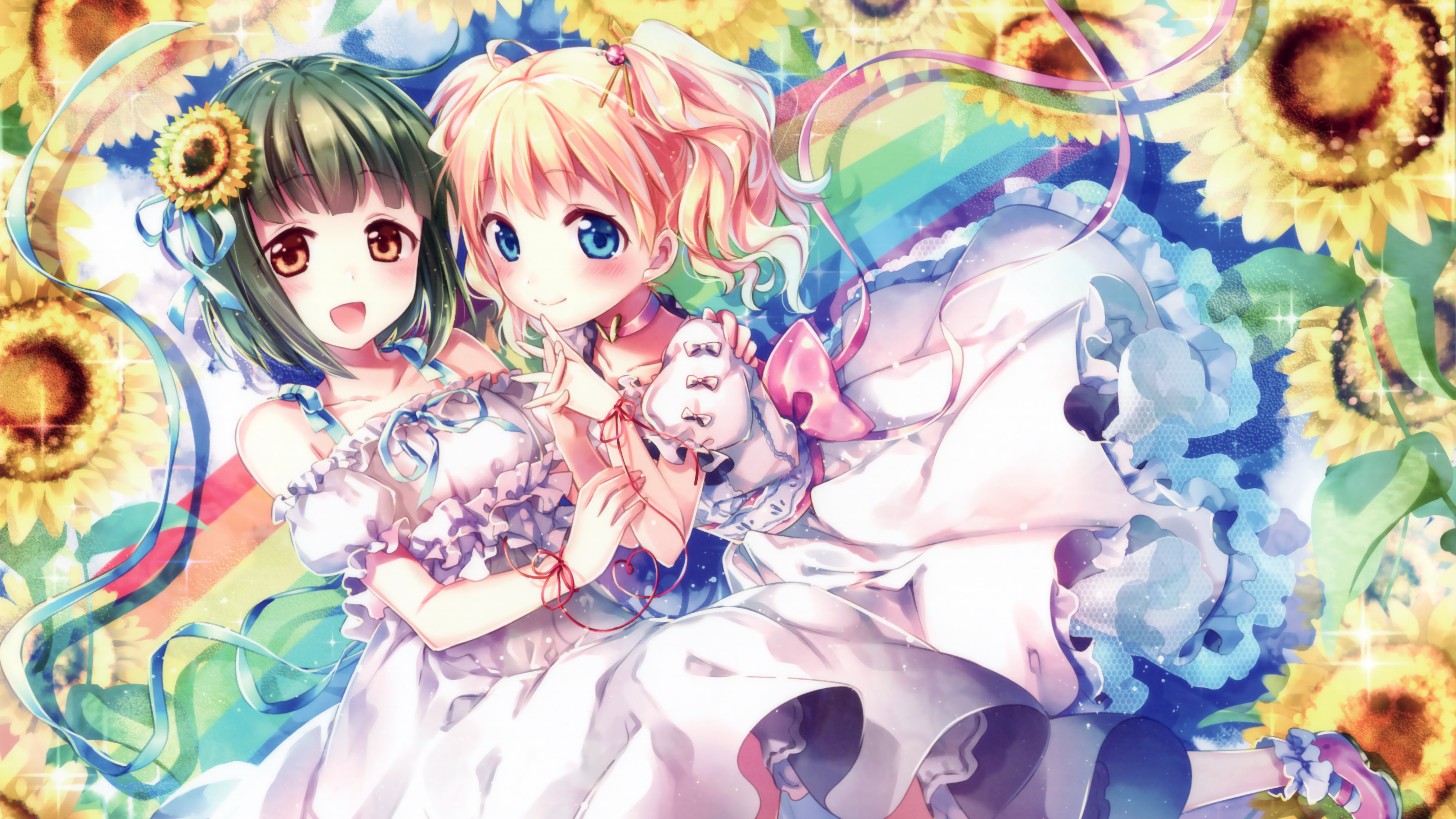 Two girls with sunflowers HD Wallpaper