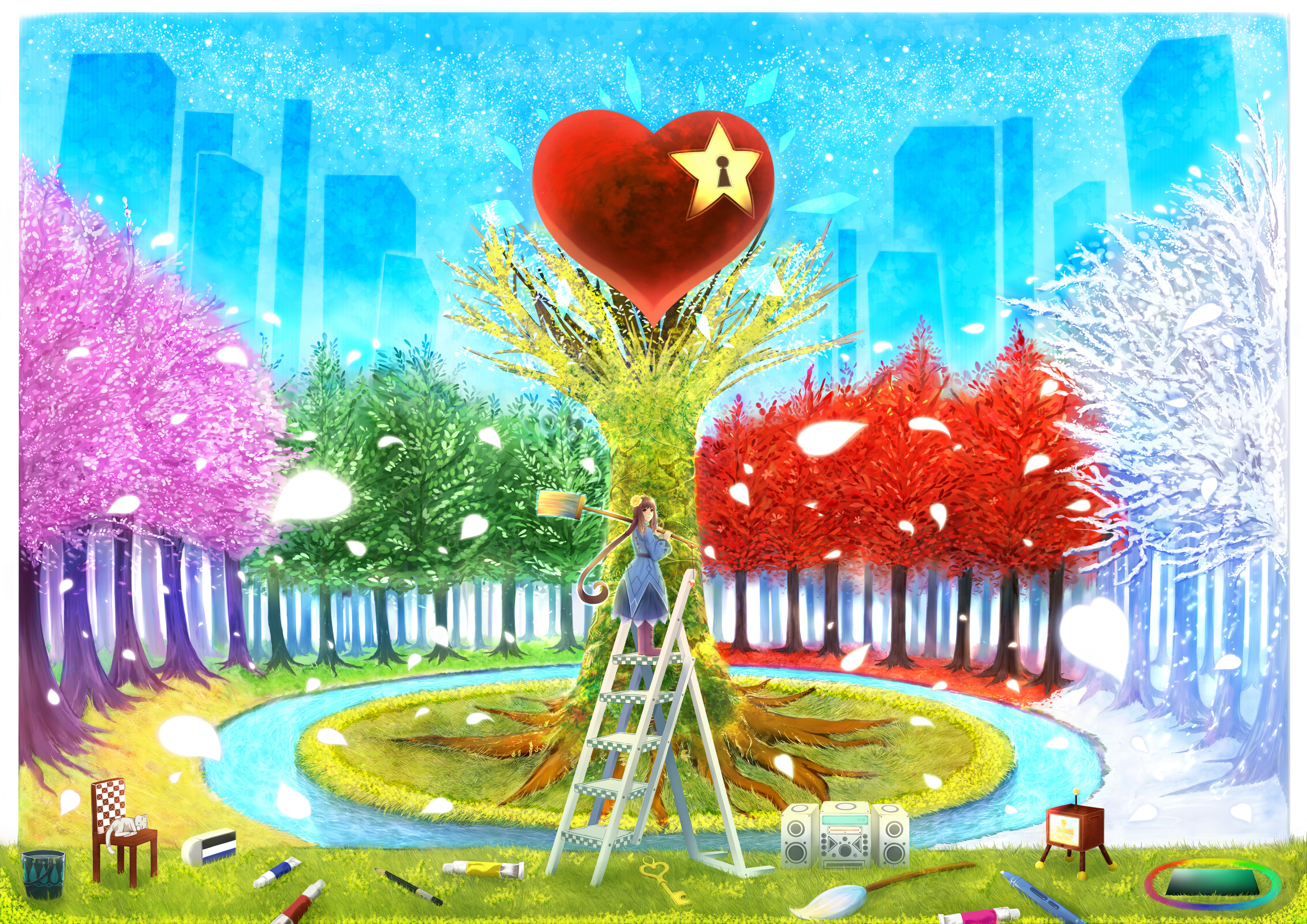 Heart tree with seasons and artist supplies HD Wallpaper