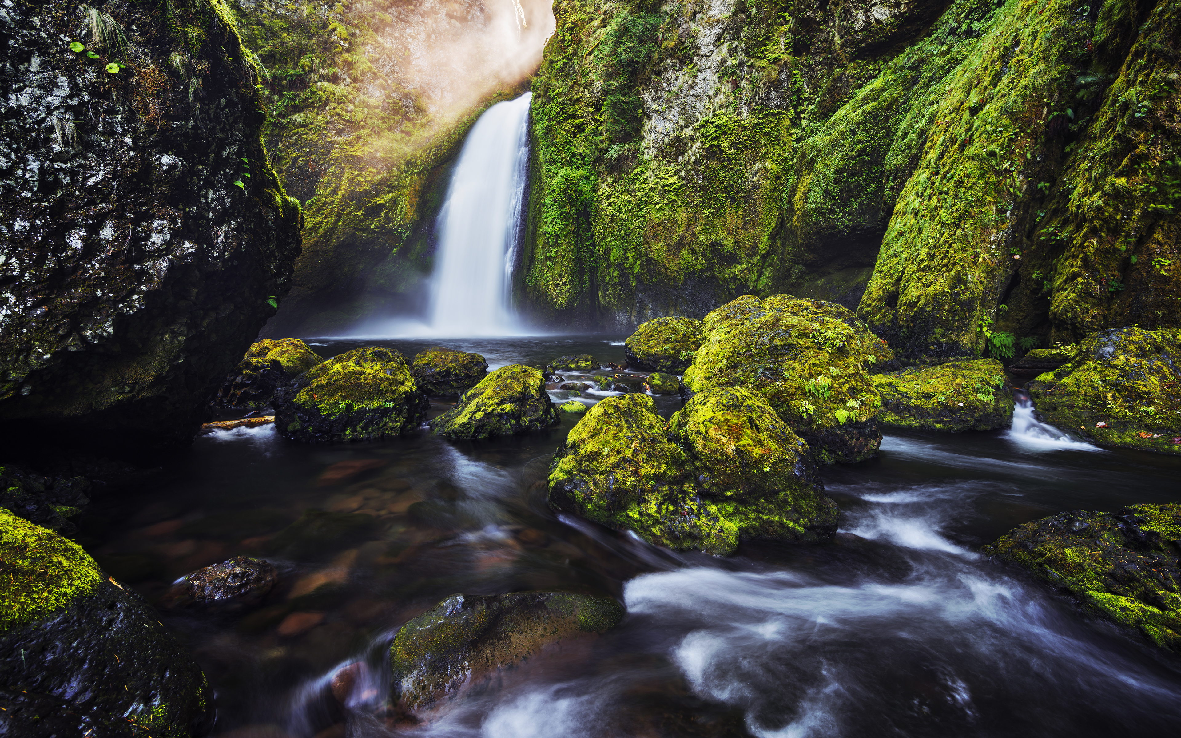 Mossy Rocks and Waterfall in 4K HD Wallpaper