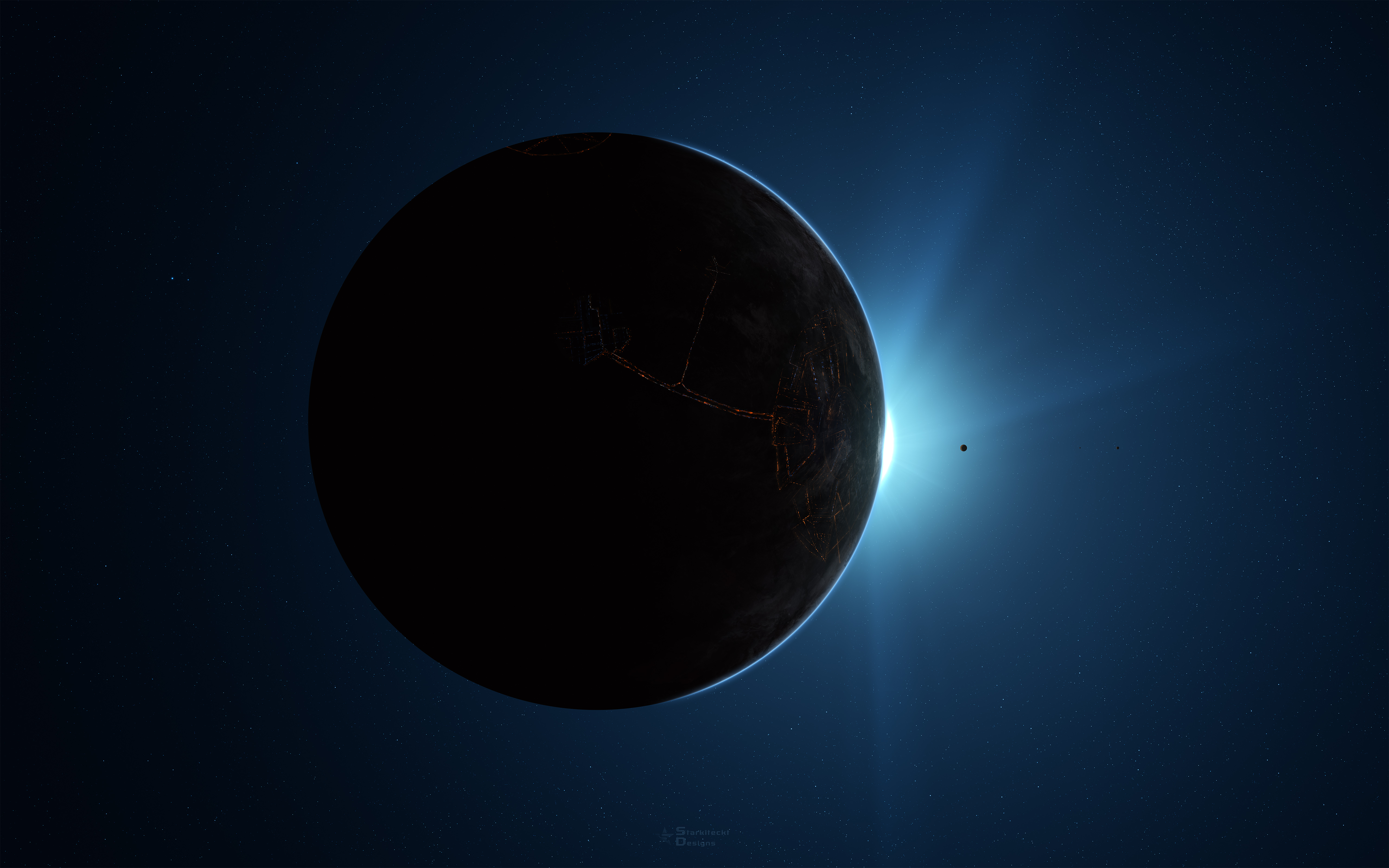 Planet with glowing cities during eclipse HD Wallpaper