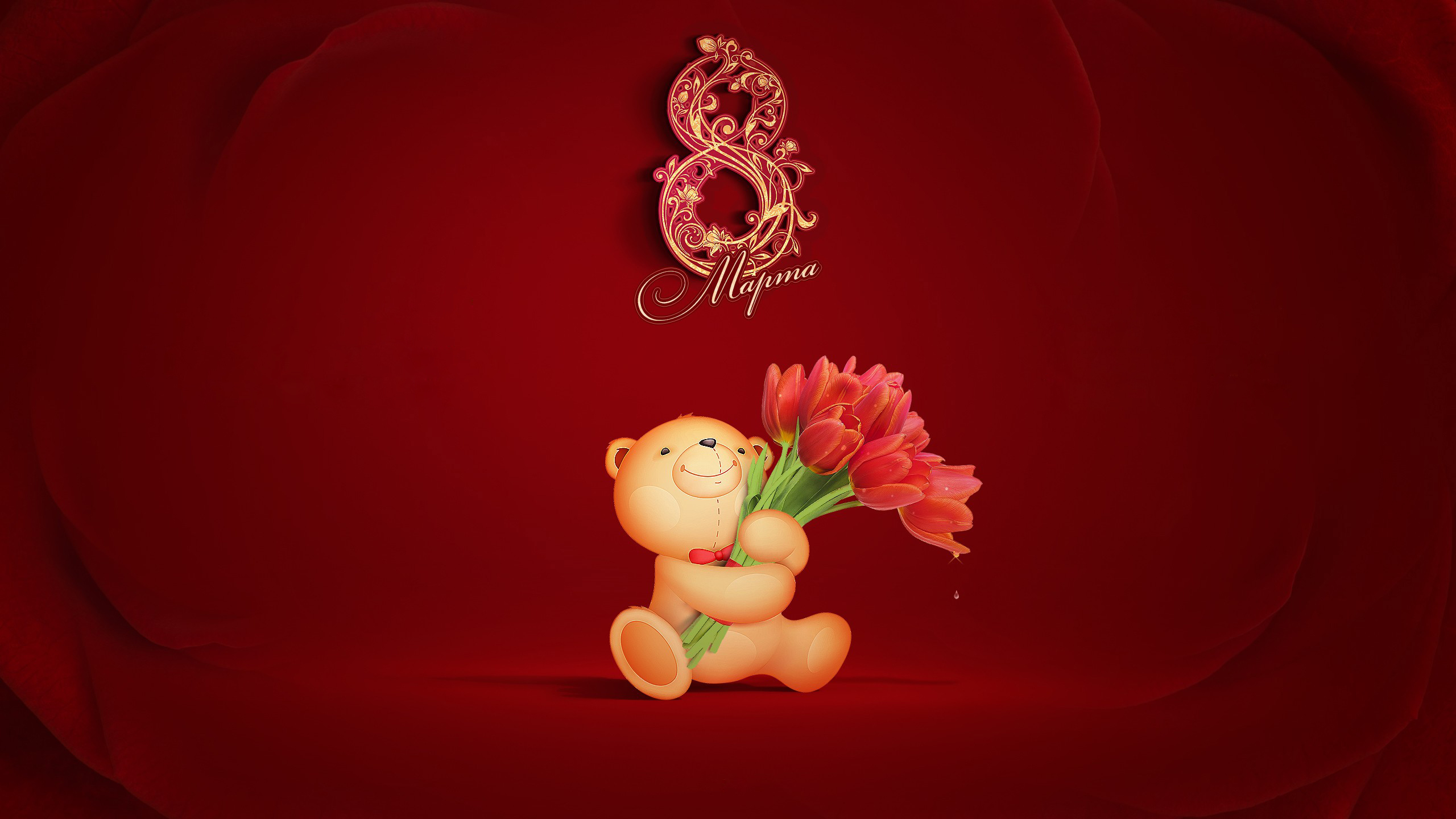 Teddy bear with tulips and 8 March inscription HD Wallpaper