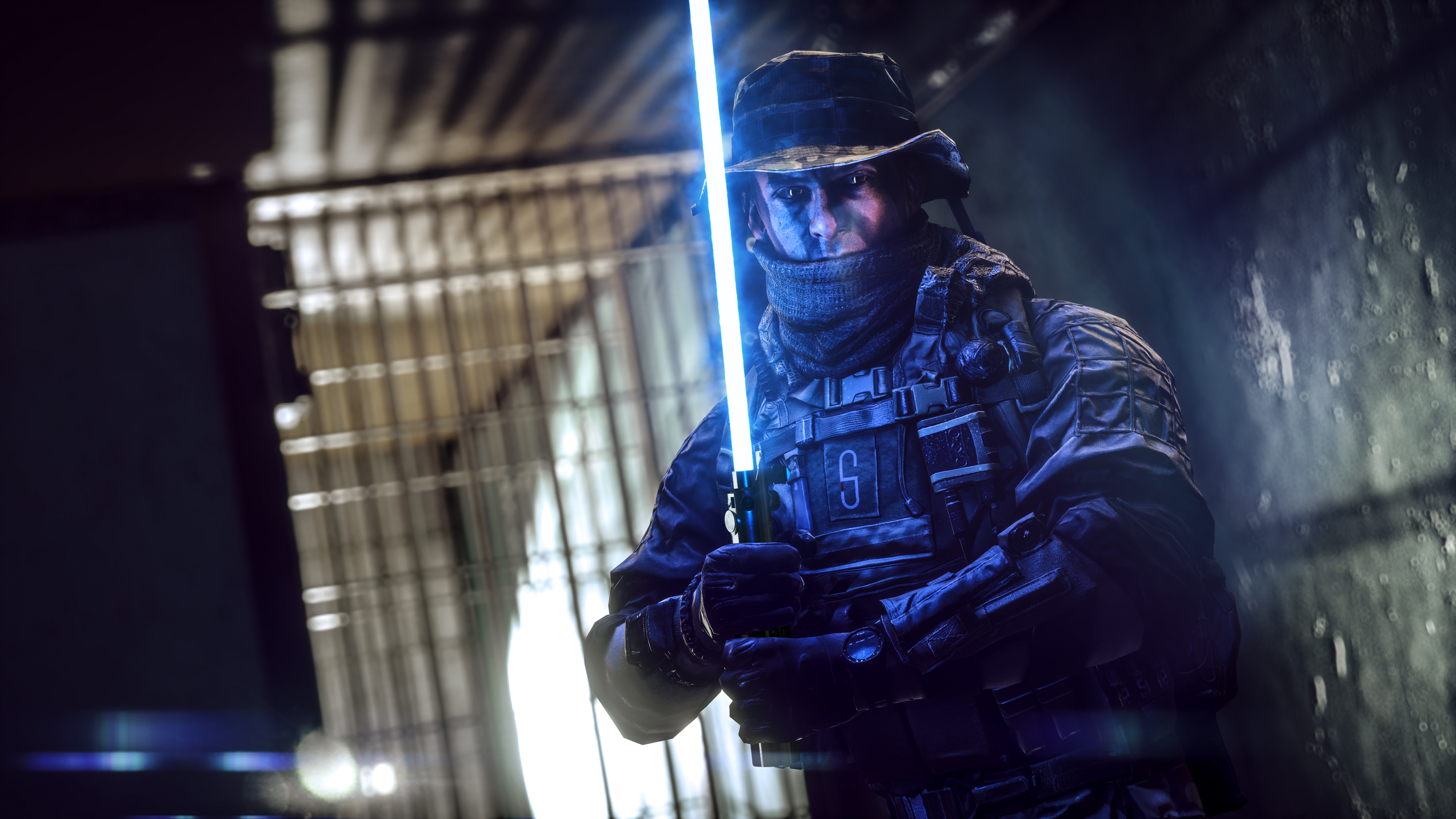 Soldier with a blue lightsaber HD Wallpaper