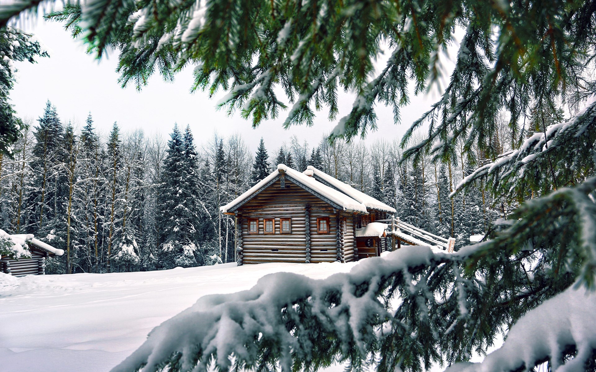 Log cabin in a snowy forest with pine trees HD Wallpaper