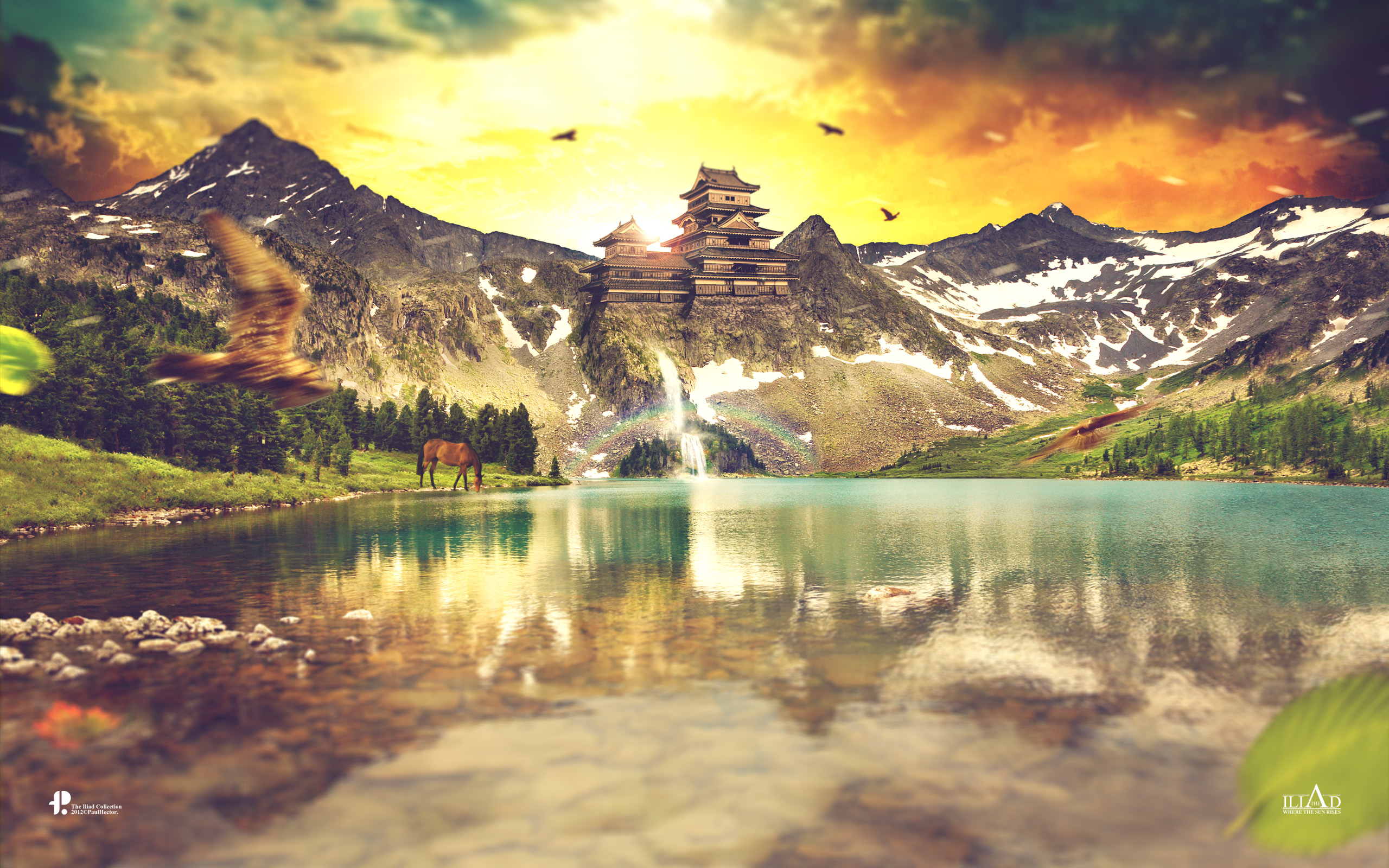 Fantasy Castle on Mountain by Lake at Sunrise HD Wallpaper
