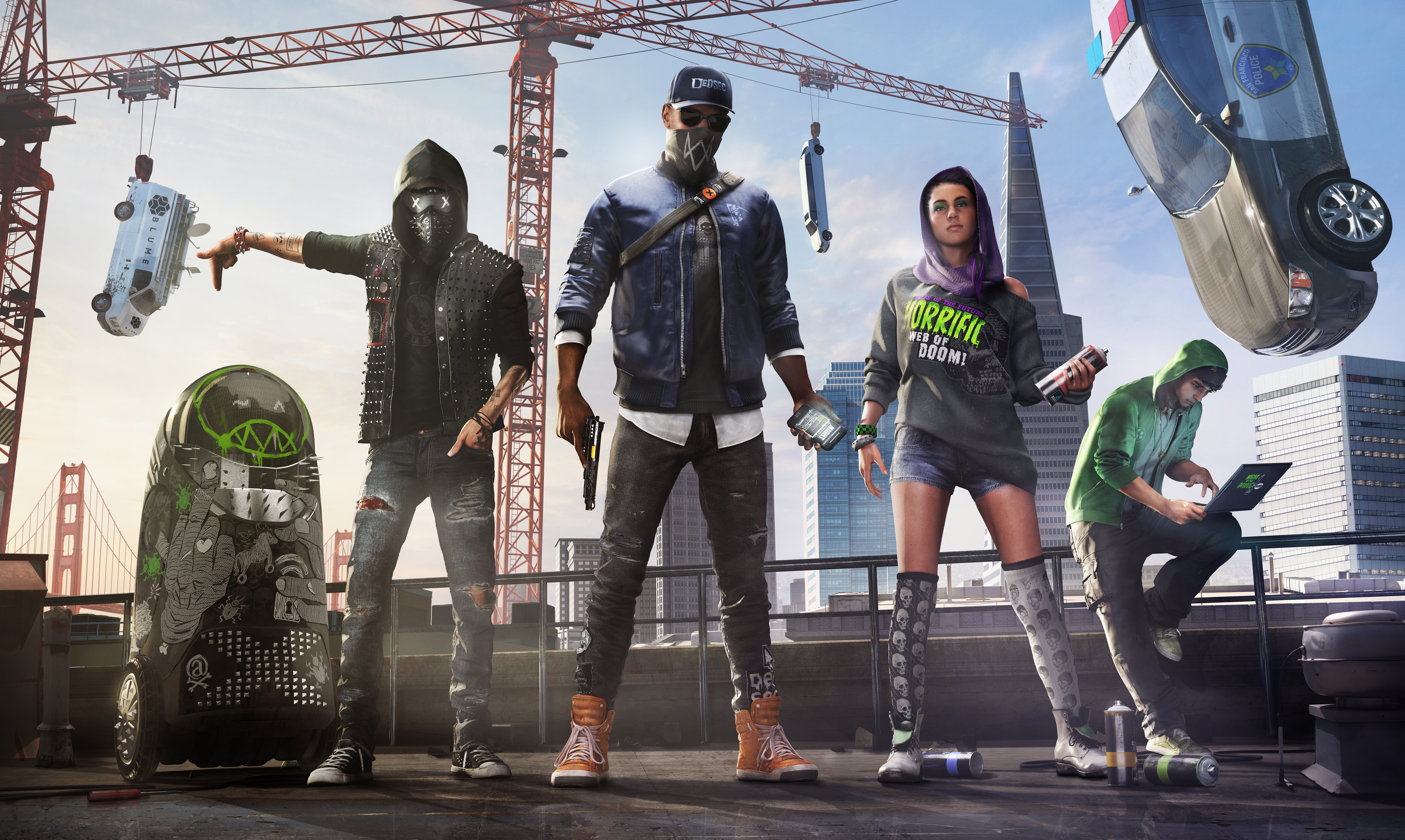 Watch Dogs 2 characters with vehicles and cranes HD Wallpaper