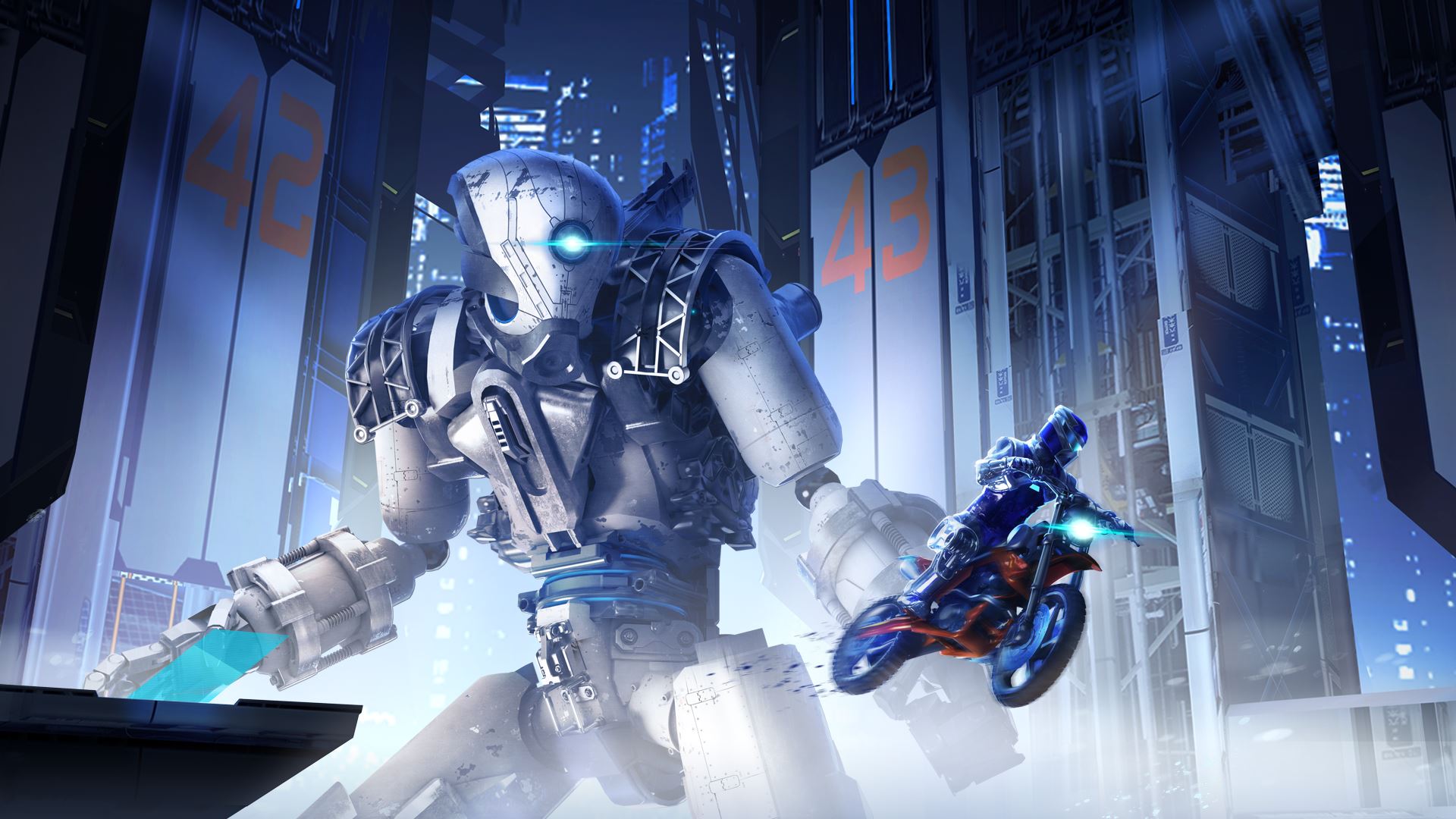 Robot and Rider in Futuristic City HD Wallpaper