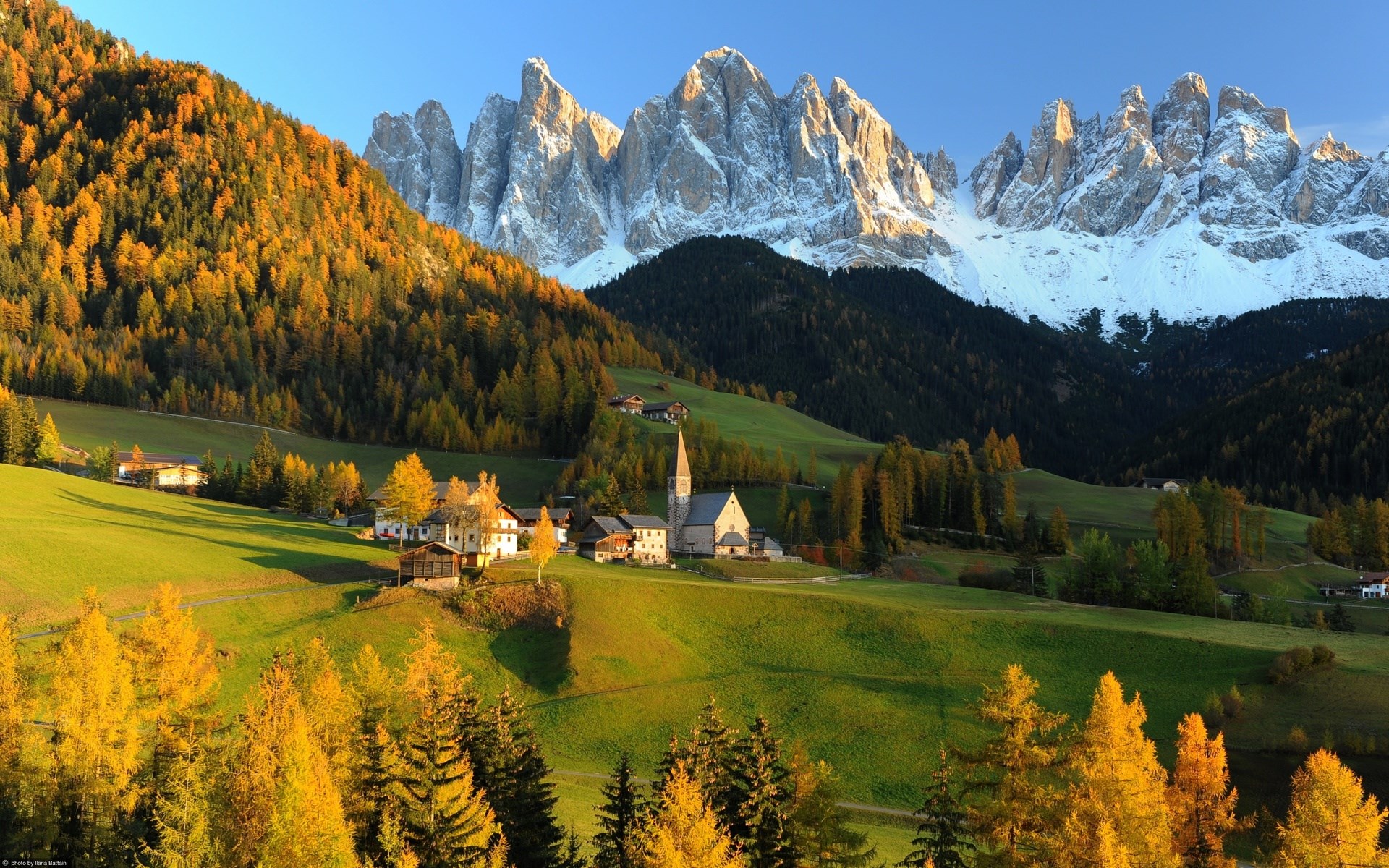 Village in the Dolomites with Autumn Trees and Snow-Capped Mountains HD Wallpaper