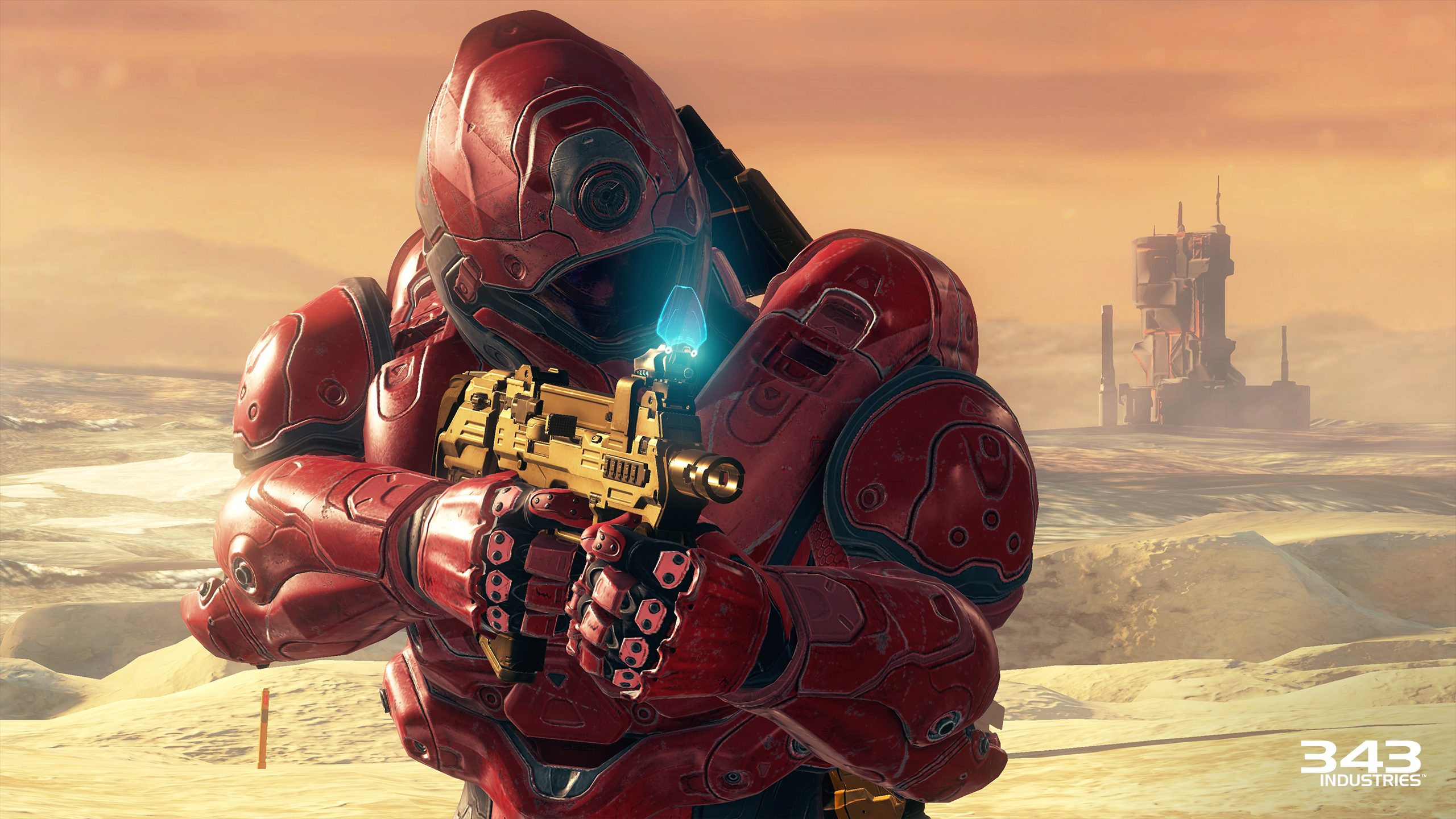 Spartan from Halo 5: Guardians holding a golden weapon HD Wallpaper